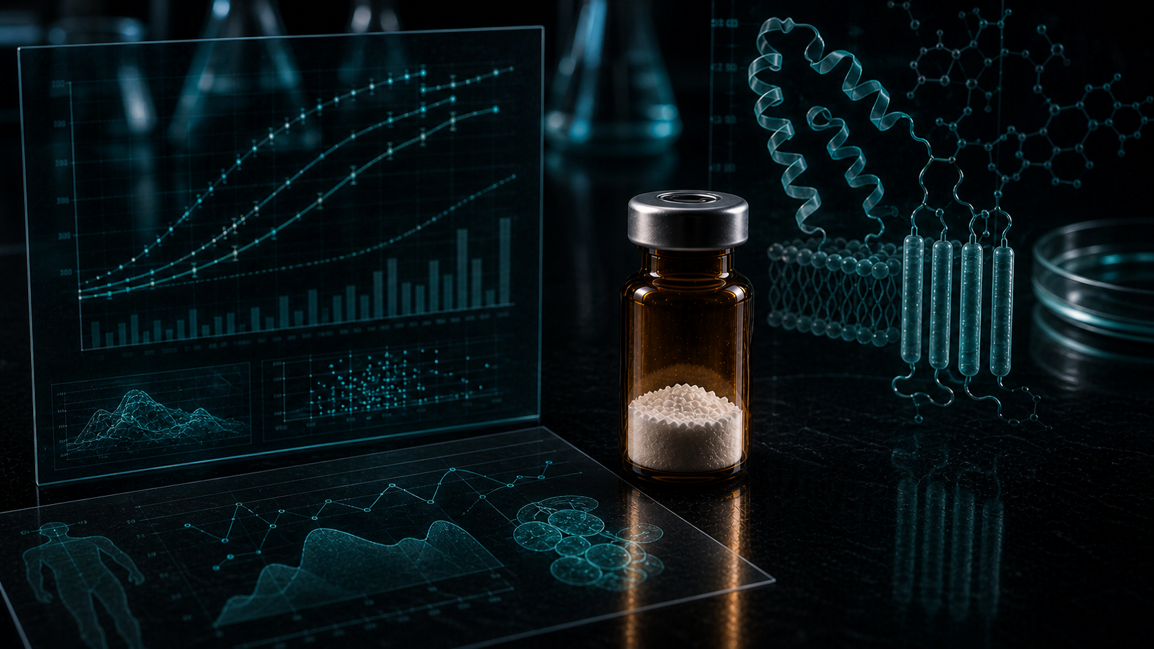 A dark scientific desk with an unlabeled peptide vial, metabolic chart panels, molecular overlays, and clinical research visuals.
