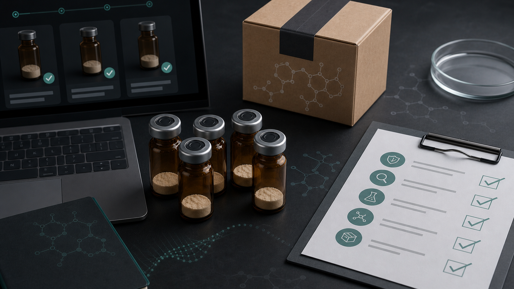 A dark scientific desk with unlabeled peptide vials, a shipping box, laptop product cards, and a quality-checklist sheet.