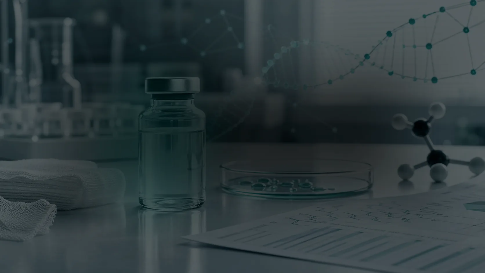 A dark scientific desk with unlabeled peptide vials, clear diluent vial, storage note cards, and teal molecular overlays.