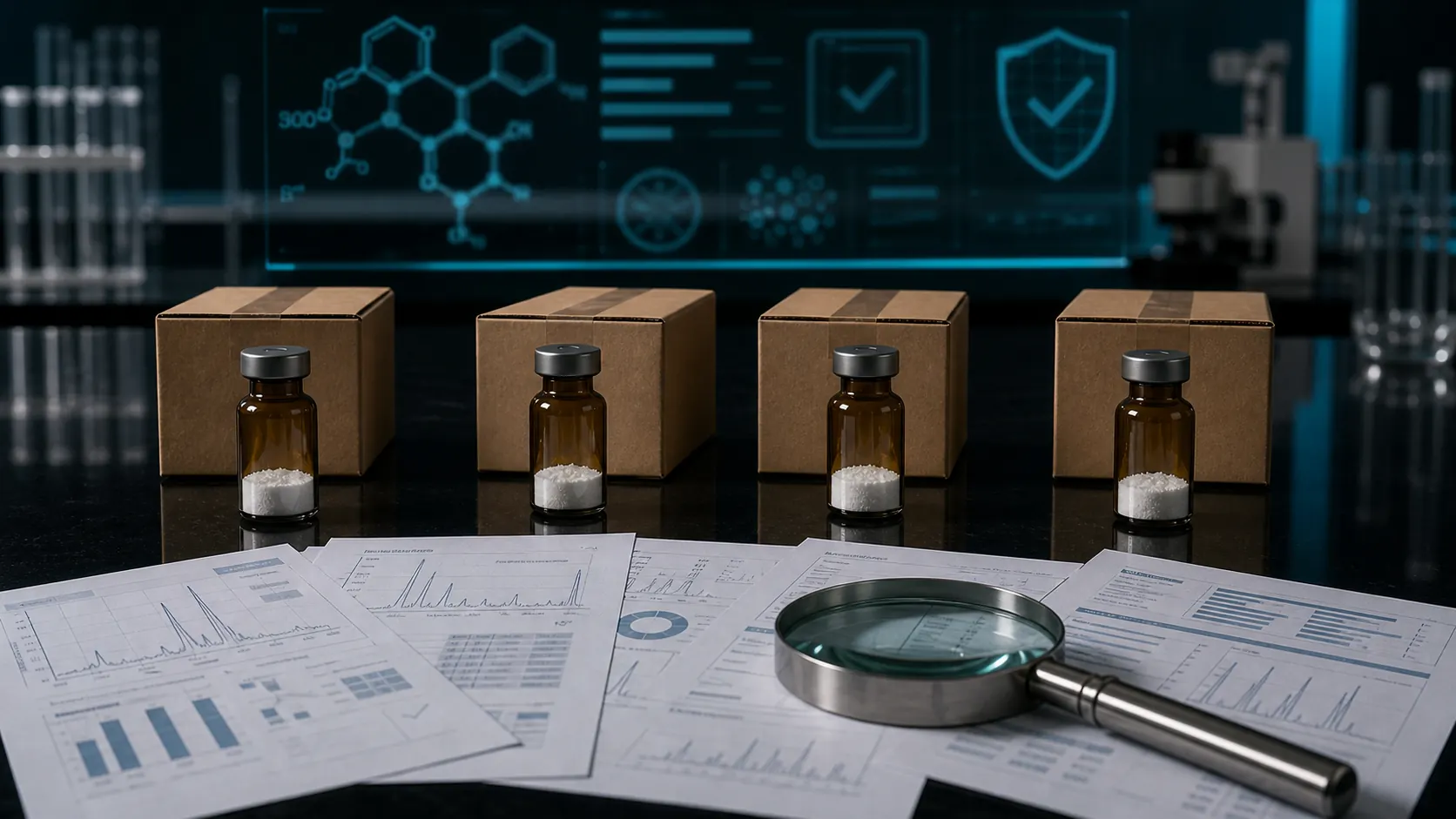 Unlabeled research peptide vials beside batch reports, shipping boxes, and laboratory inspection tools on a dark scientific desk.