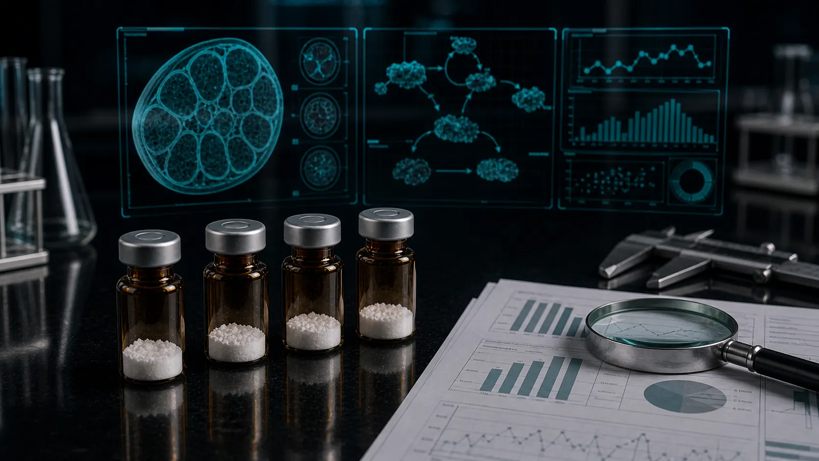 Unlabeled peptide research vials beside muscle outcome charts, batch reports, and a magnifying glass on a dark laboratory desk.