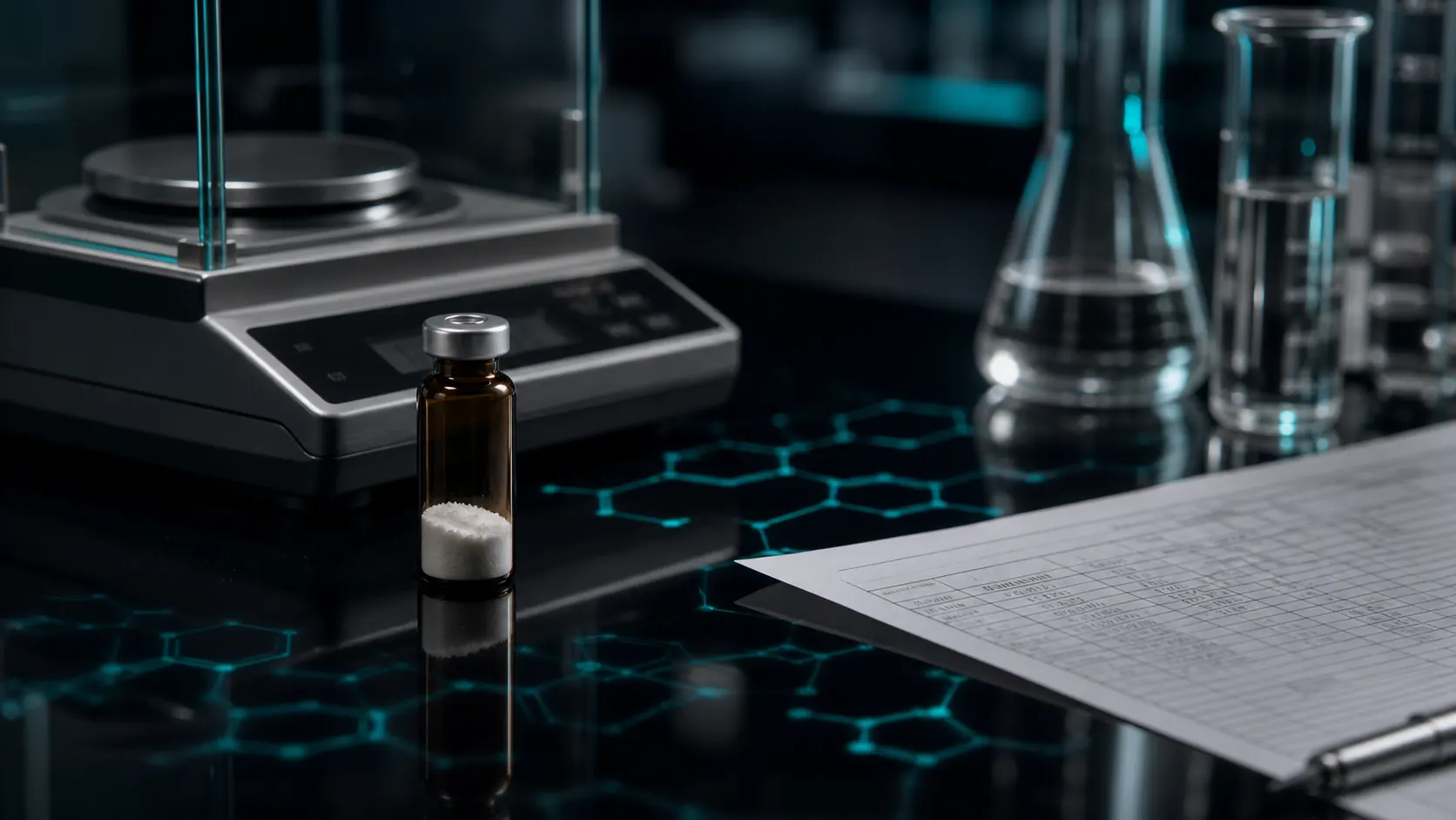 An unlabeled BPC-157 research vial beside volumetric glassware, a precision balance, and a concentration worksheet on a dark laboratory desk.