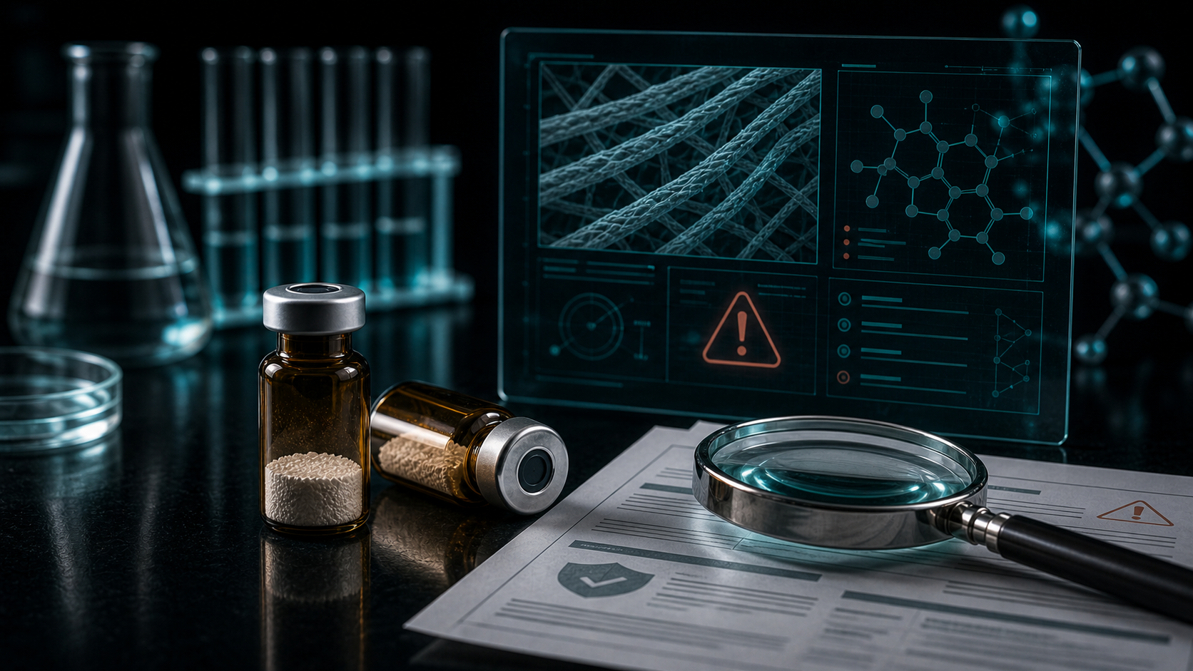 A dark scientific desk with unlabeled peptide vials, a safety review document, tendon-fiber visuals, and teal molecular overlays.