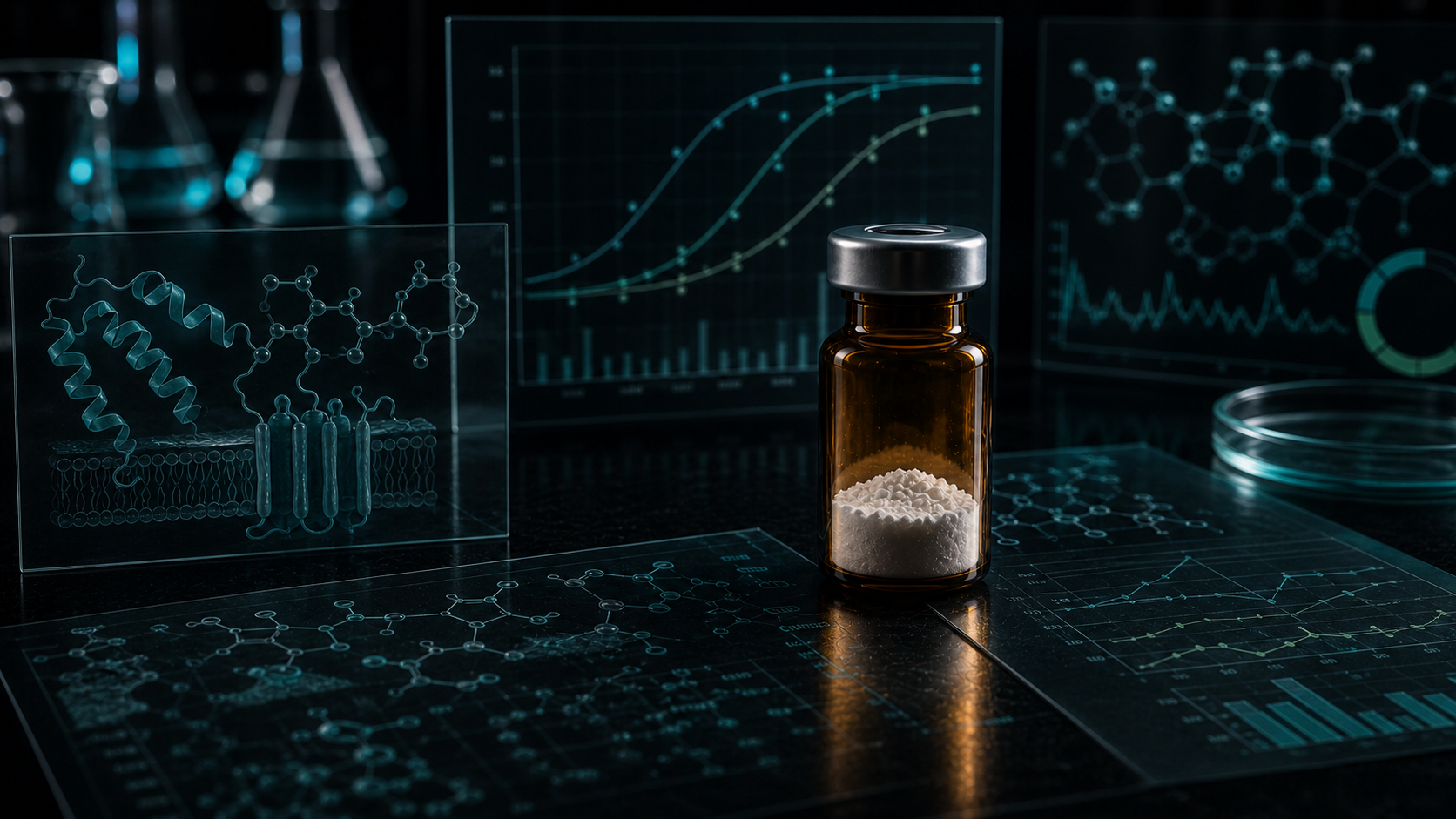 A dark scientific desk with an unlabeled peptide vial, amylin receptor visuals, molecular overlays, and abstract clinical trial charts.