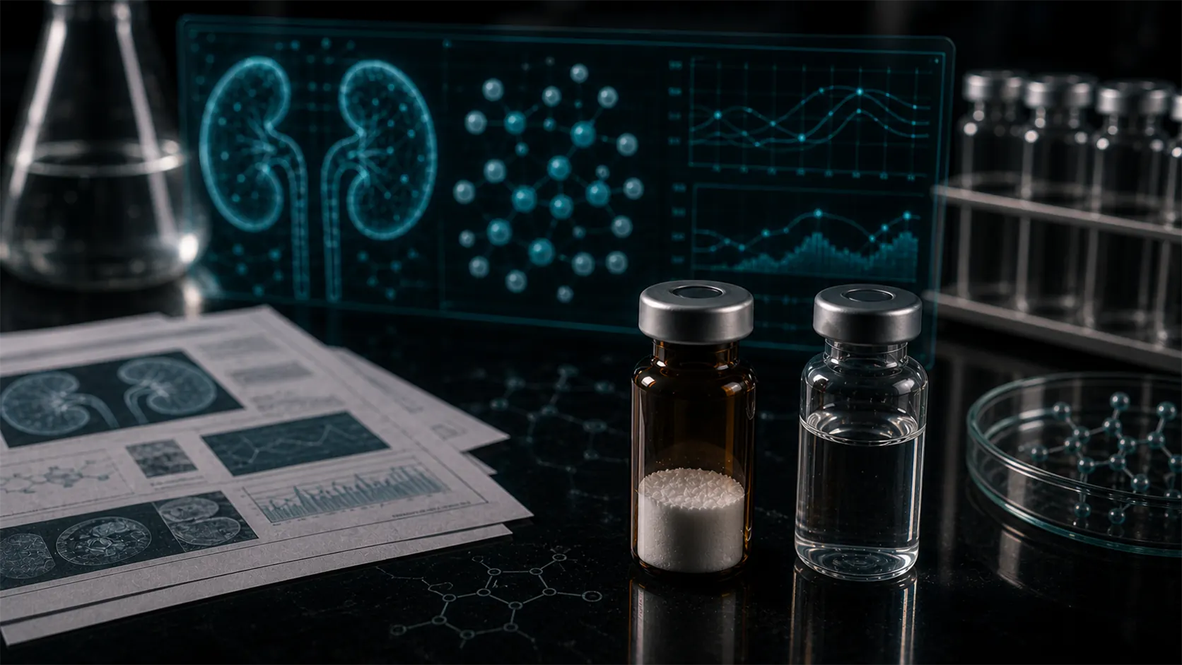 A dark scientific desk with an unlabeled peptide vial, sodium monitoring dashboards, urine-output charts, and teal molecular overlays.