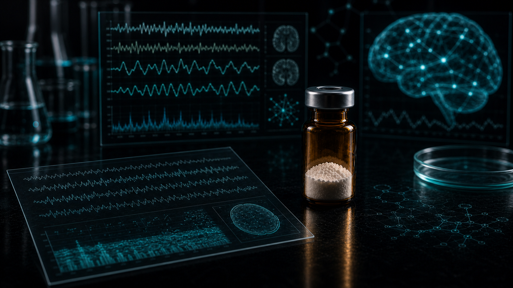 A dark scientific desk with an unlabeled peptide vial, abstract EEG wave panels, neural overlays, and clinical sleep-study visuals.