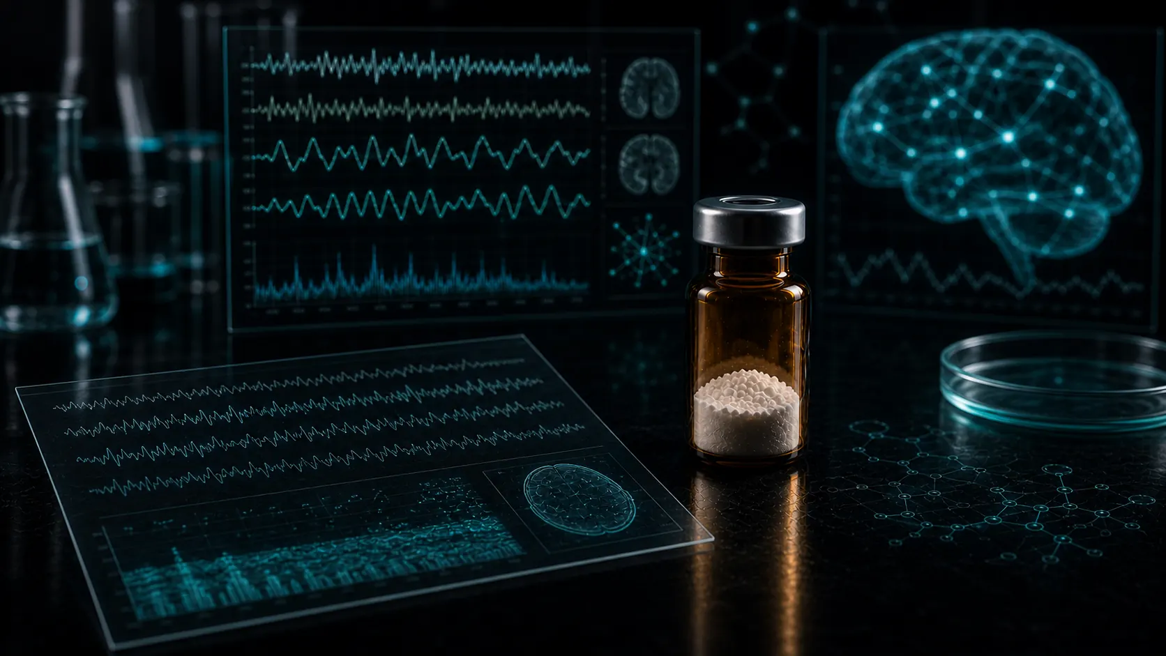 A dark scientific desk with an unlabeled peptide vial, abstract EEG wave panels, neural overlays, and clinical sleep-study visuals.