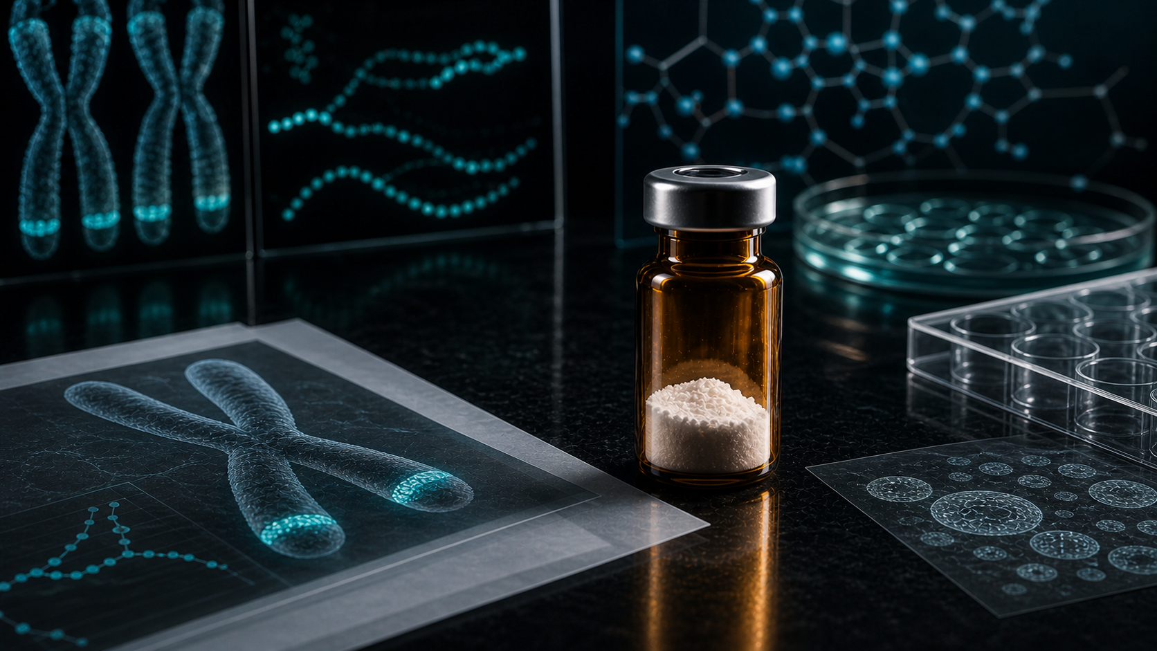 A dark scientific desk with an unlabeled peptide vial, telomere visuals, cell-culture plates, and molecular overlays.