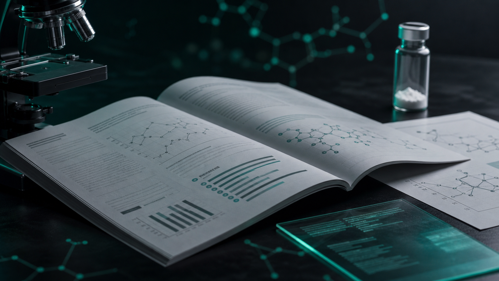 An open research paper, microscope detail, and abstract study charts on a dark scientific desk.