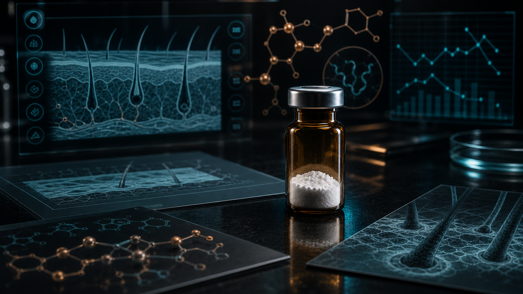 A dark scientific desk with an unlabeled vial, skin and hair follicle visuals, copper molecular overlays, and clinical chart panels.