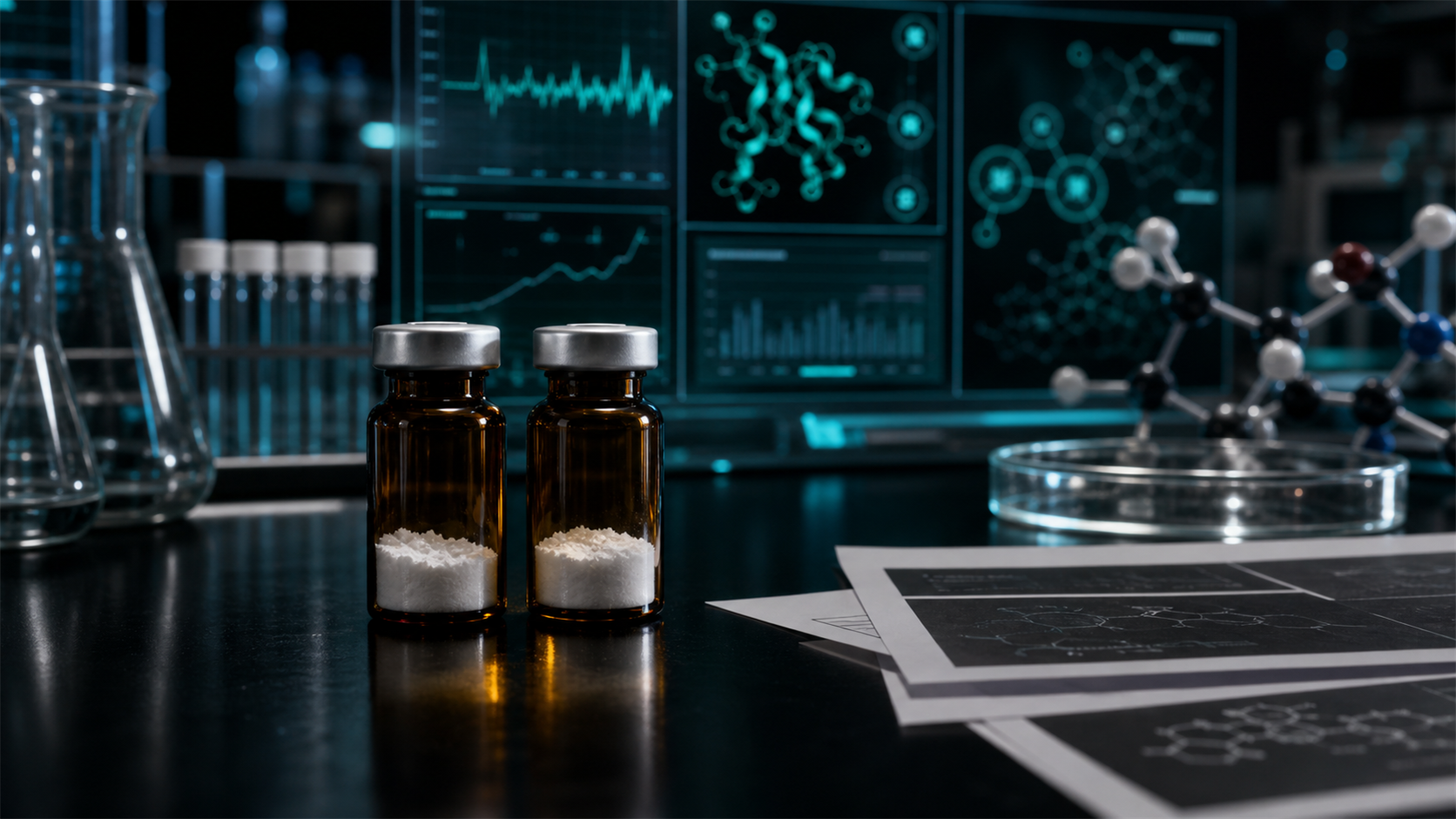 A dark scientific desk with two unlabeled peptide vials, teal metabolic-signal panels, molecular overlays, and safety-review papers.