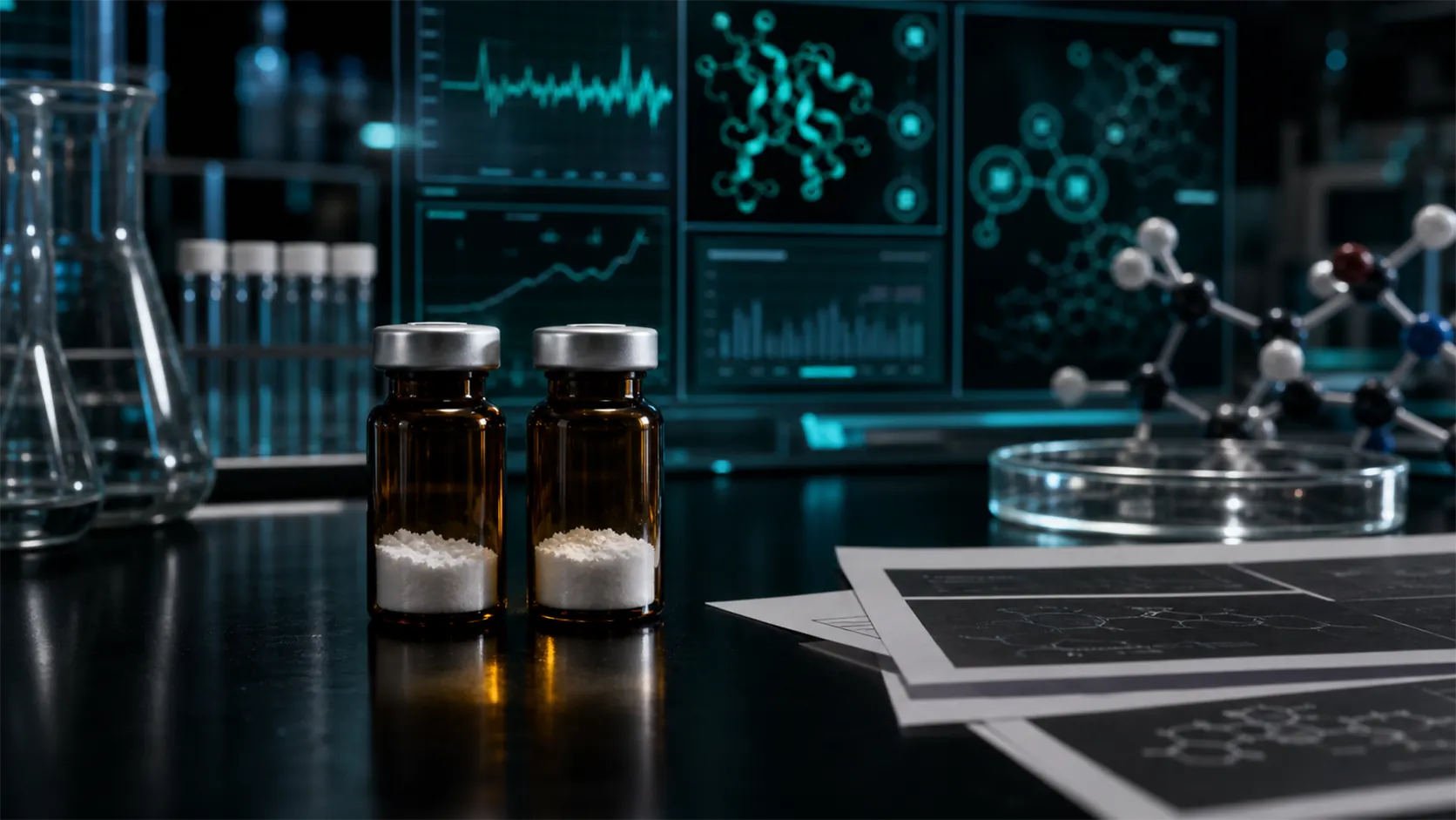 A dark scientific desk with two unlabeled peptide vials, teal metabolic-signal panels, molecular overlays, and safety-review papers.