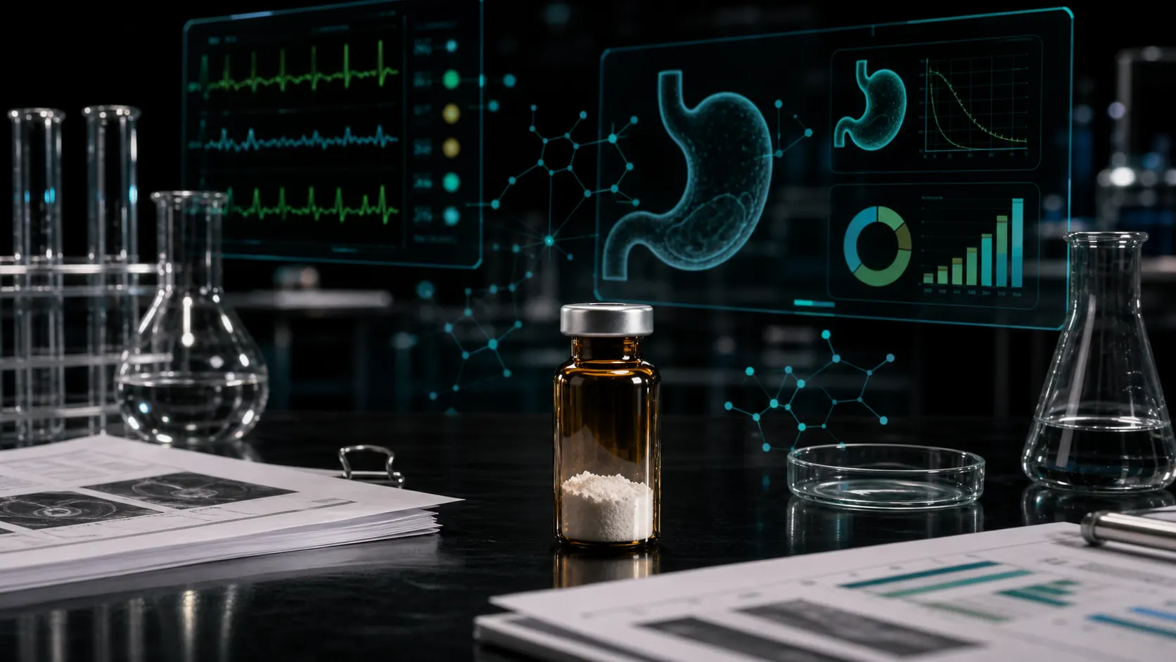 A dark scientific desk with an unlabeled peptide vial, anesthesia-style monitoring panels, gastric-emptying visuals, and teal safety overlays.