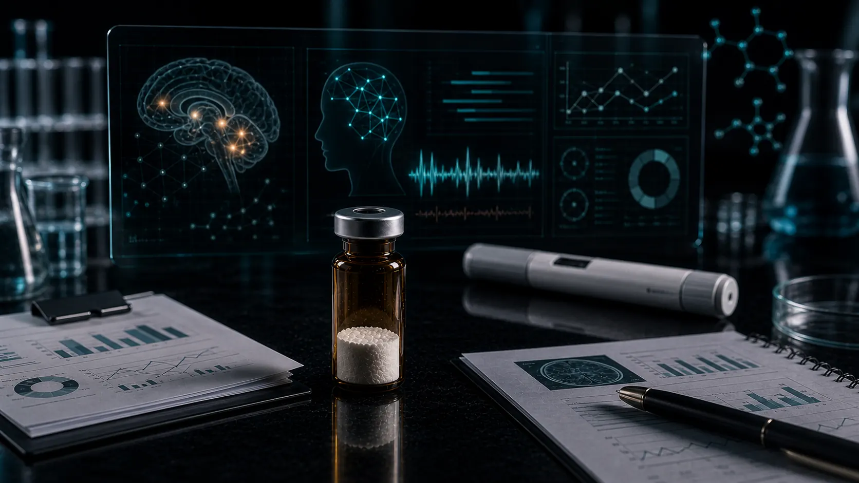 A dark scientific desk with an unlabeled peptide vial, neutral injector object, brain reward dashboards, and teal molecular overlays.