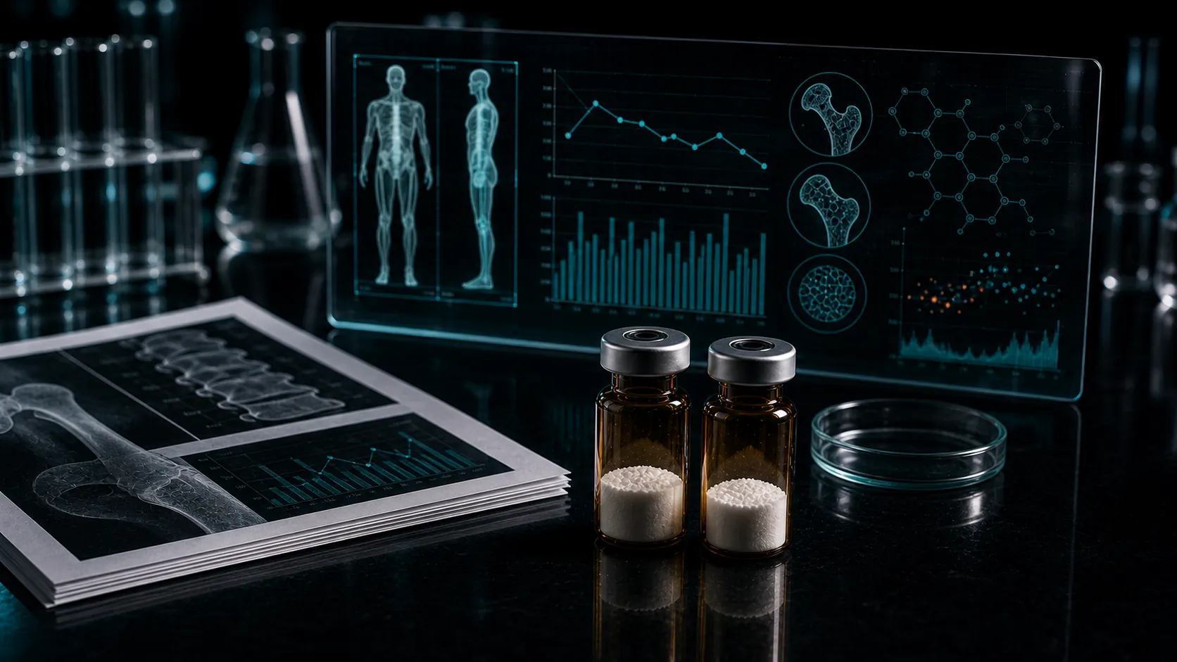 A dark scientific desk with unlabeled peptide vials, bone-density dashboards, fracture-risk charts, and teal molecular overlays.