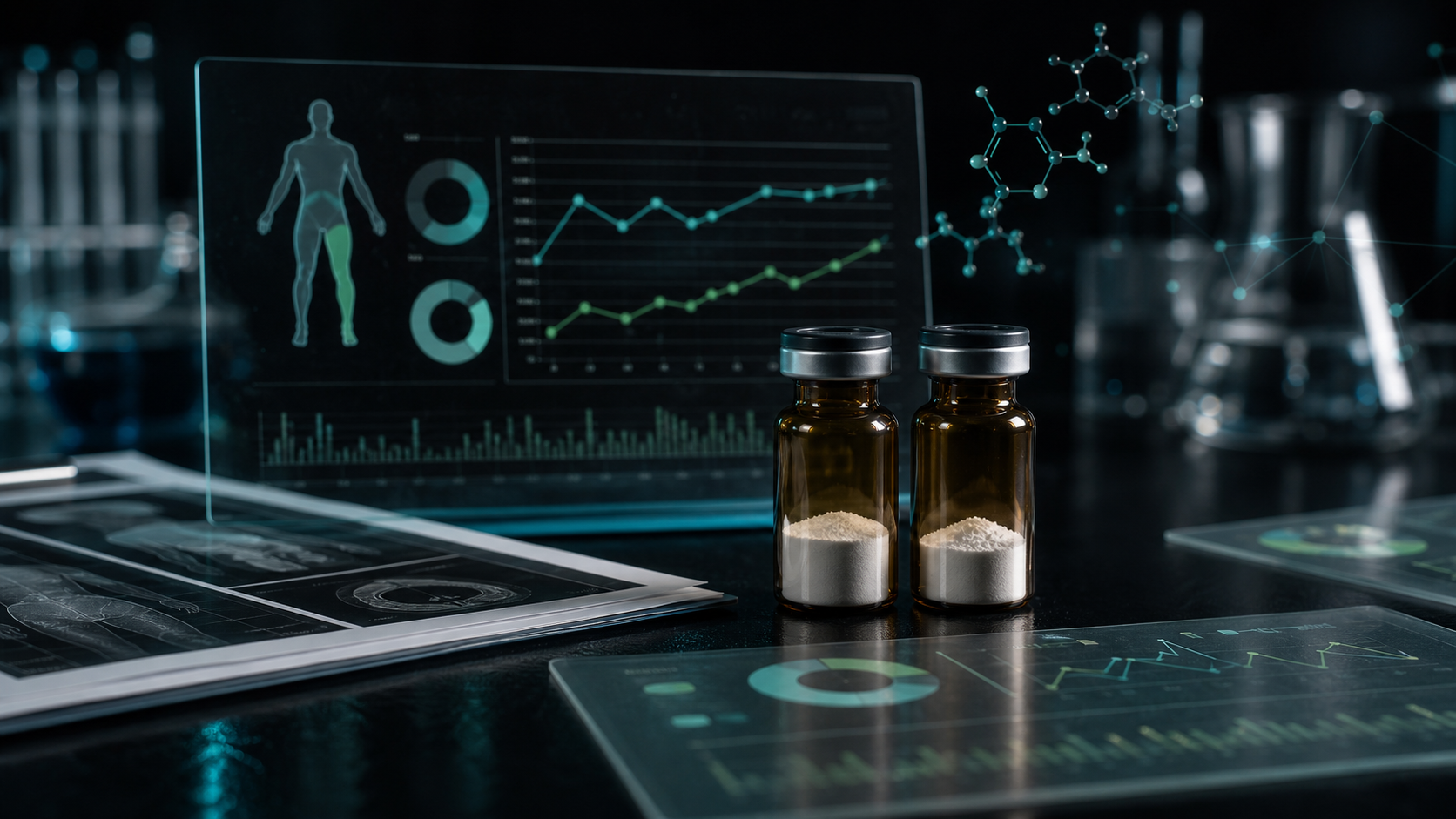 A dark scientific desk with unlabeled peptide vials, body-composition dashboard panels, molecular overlays, and clinical review papers.