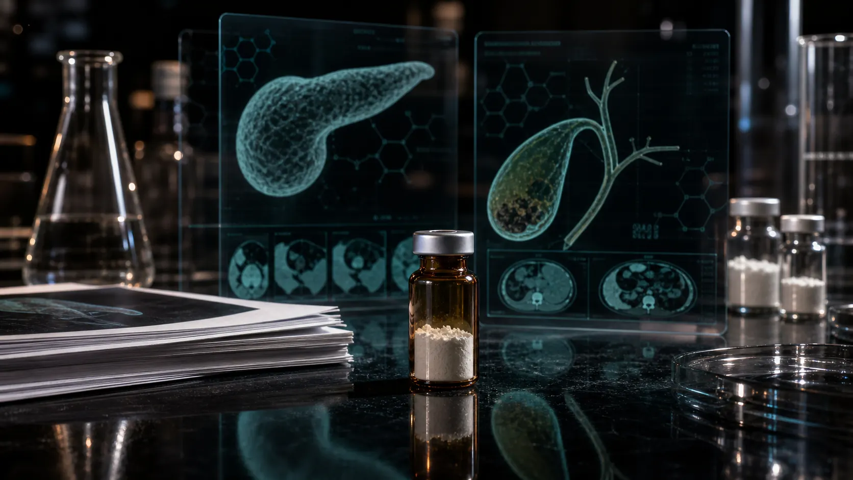 A dark scientific desk with an unlabeled peptide vial, pancreas and gallbladder safety dashboards, clinical papers, and teal molecular overlays.