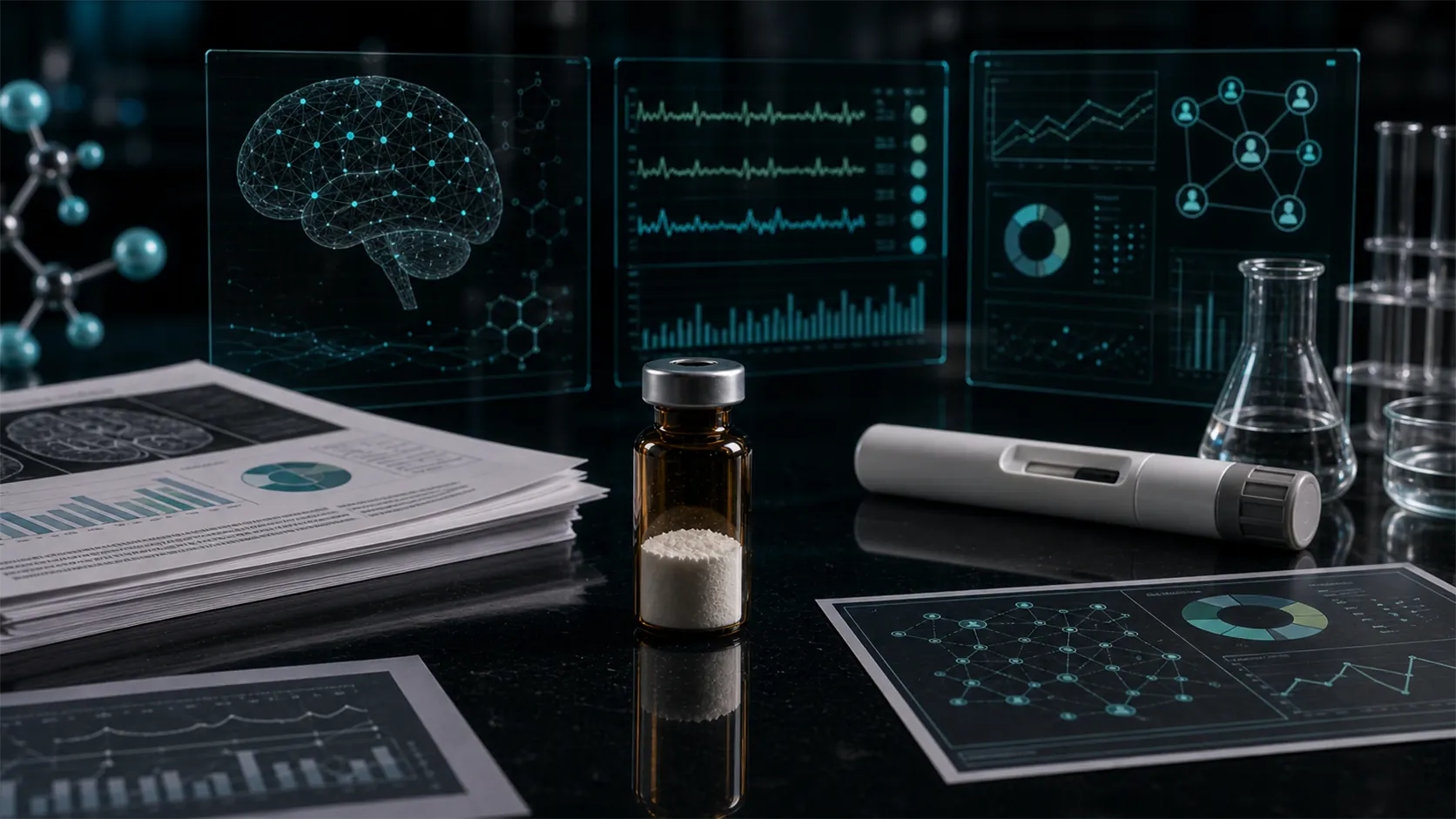 A dark scientific desk with an unlabeled peptide vial, neutral neuropsychiatric safety dashboards, clinical papers, and teal molecular overlays.