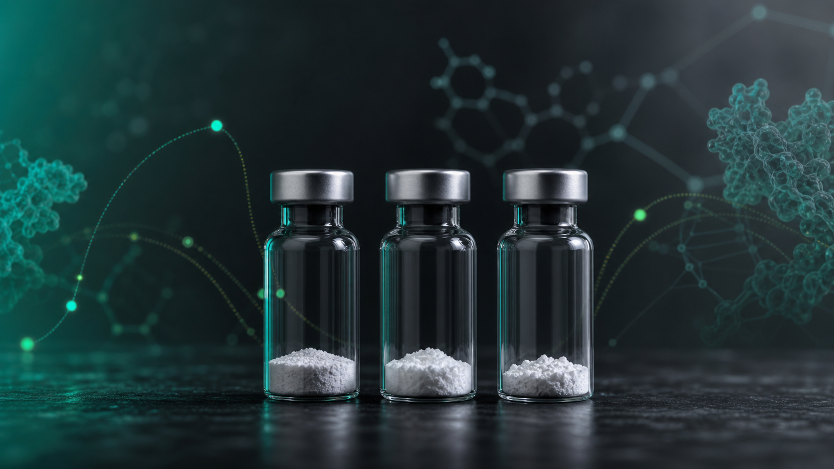 Three unlabeled peptide vials with abstract incretin receptor and molecular graphics.