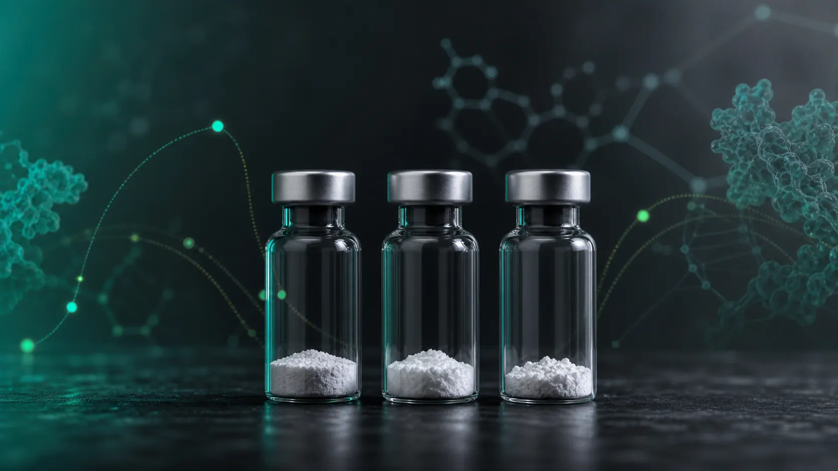 Three unlabeled peptide vials with abstract incretin receptor and molecular graphics.