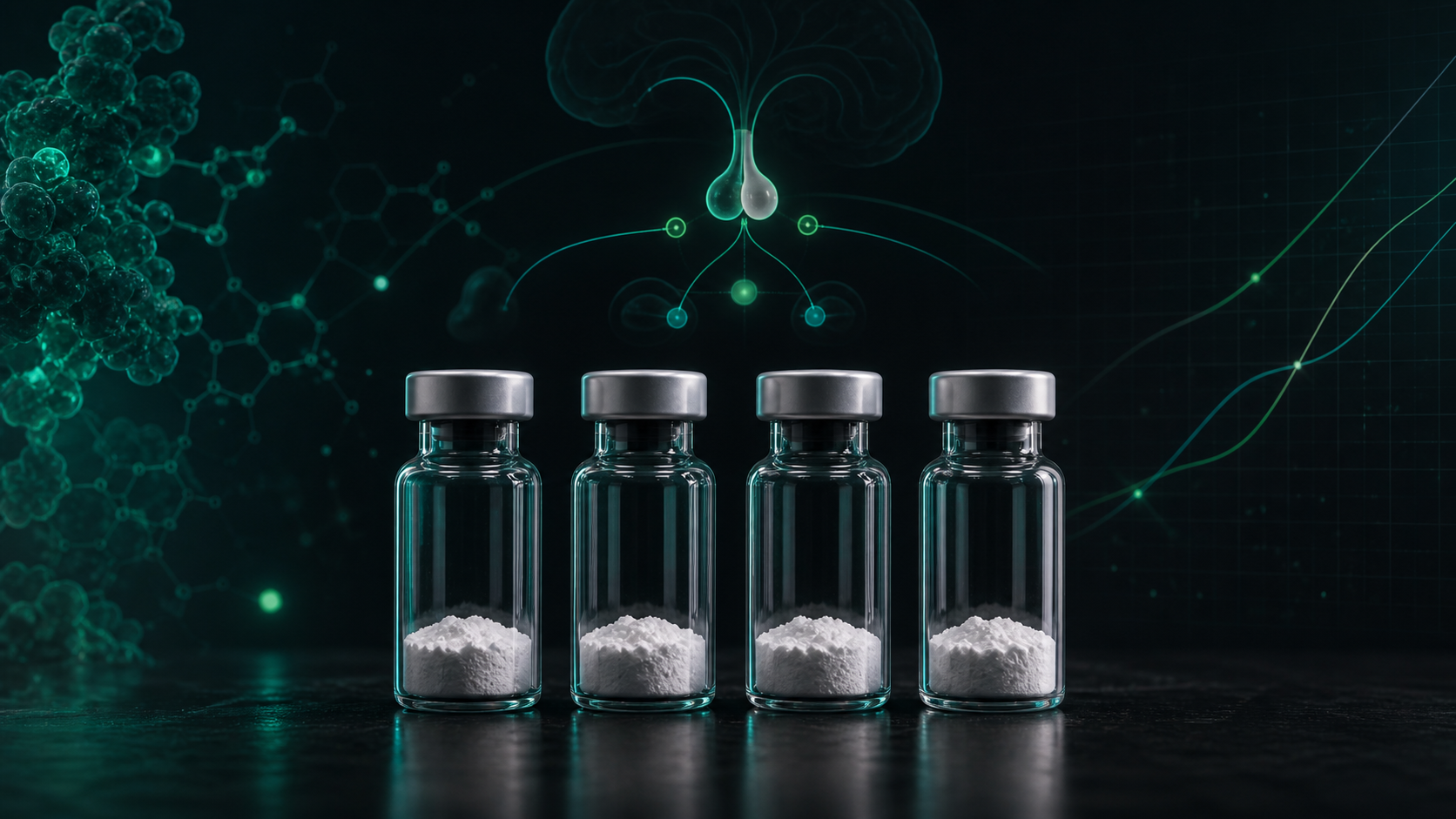Four unlabeled peptide vials with abstract hormone-signaling and molecular graphics.