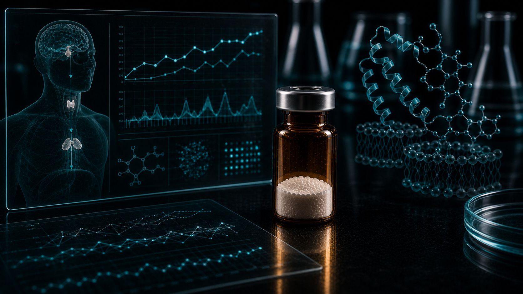 A dark scientific desk with an unlabeled peptide vial, endocrine-axis panels, receptor visuals, and teal clinical overlays.