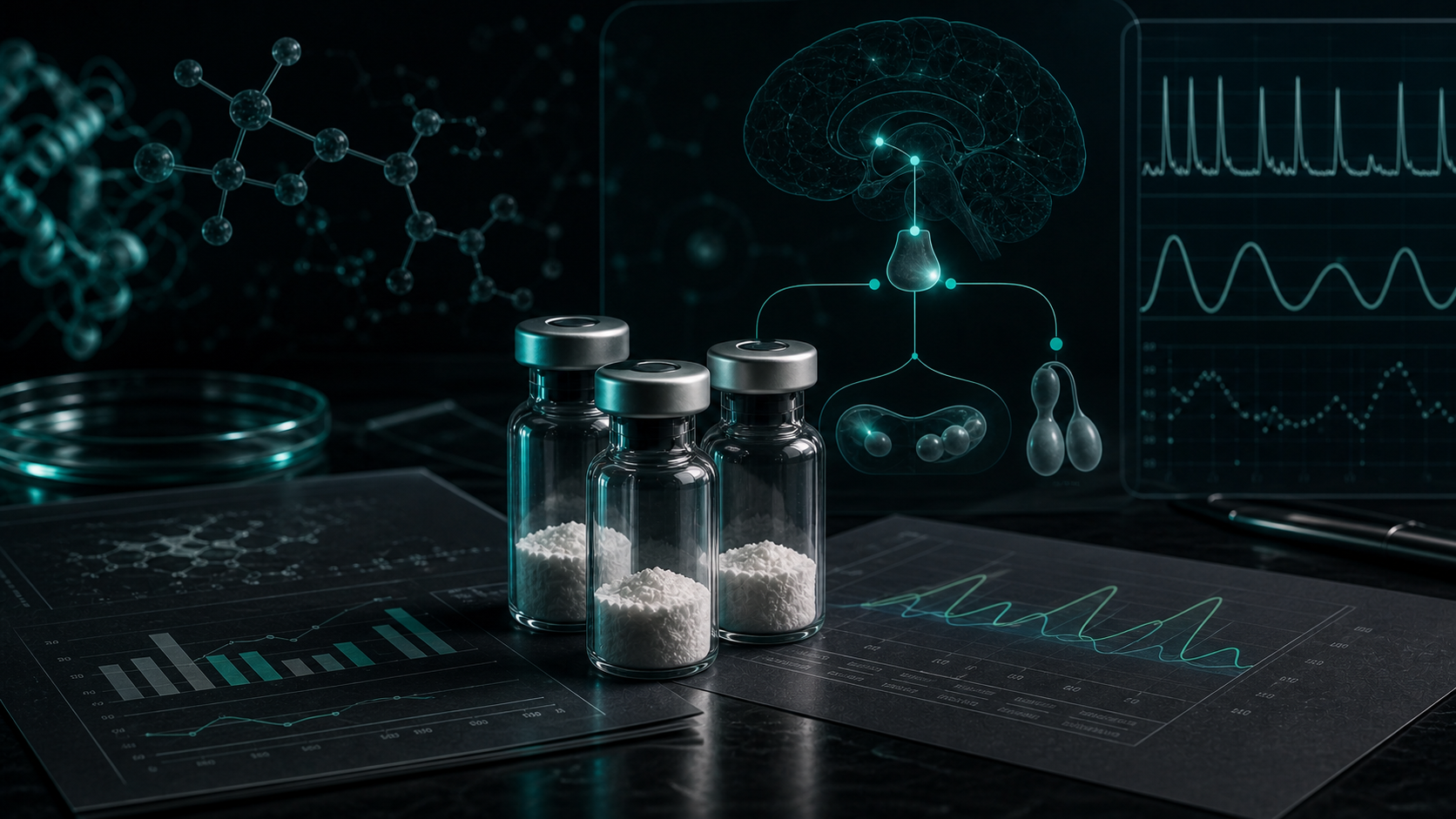A dark scientific editorial scene with reproductive-axis graphics, hormone-wave lines, and a restrained clinical-research dashboard.