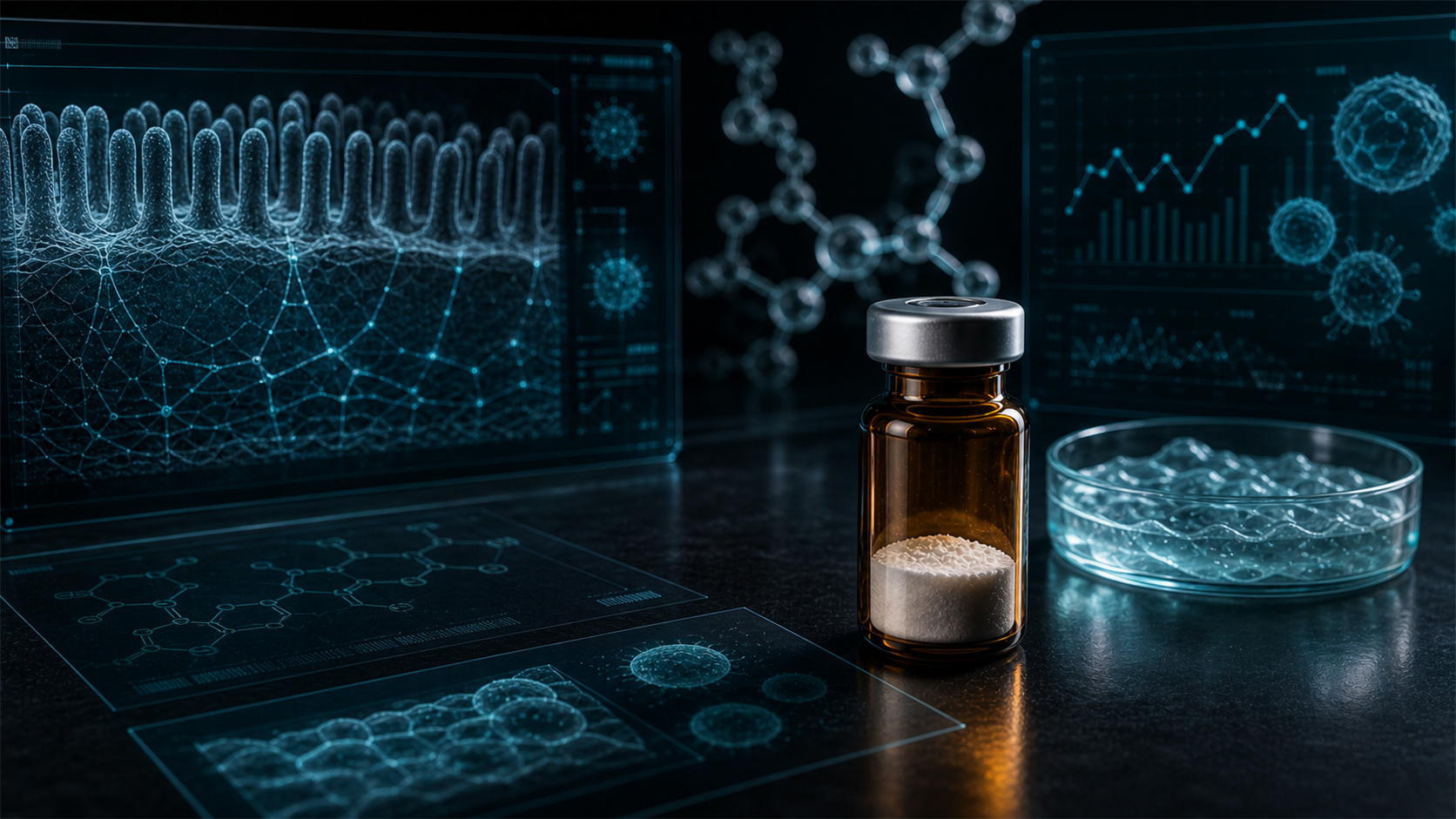 A dark scientific desk with an unlabeled peptide vial, intestinal barrier visuals, inflammatory-marker charts, and molecular overlays.