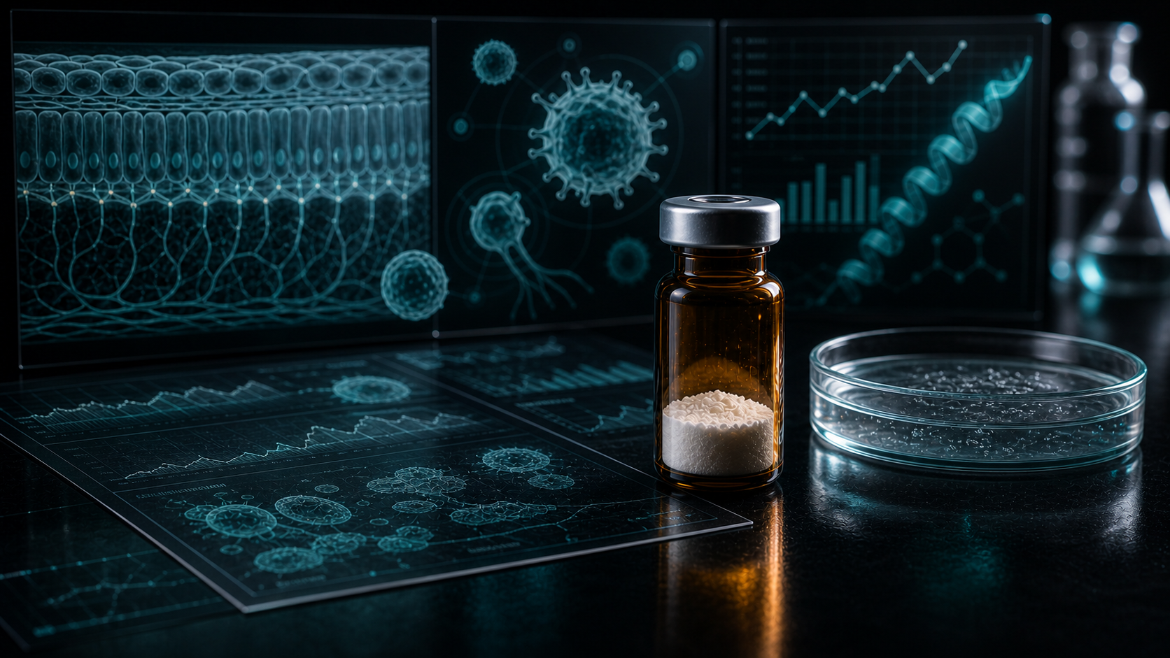 A dark scientific desk with an unlabeled peptide vial, epithelial barrier visuals, immune-cell overlays, and clinical chart panels.