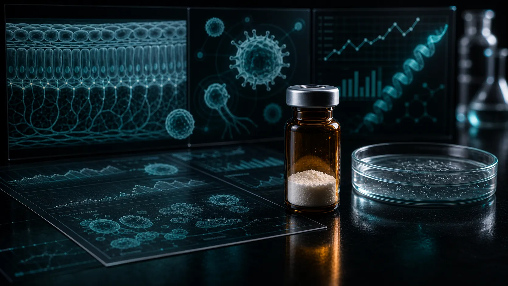 A dark scientific desk with an unlabeled peptide vial, facial-skin and immune-cell visuals, cathelicidin molecular overlays, and dermatology chart panels.