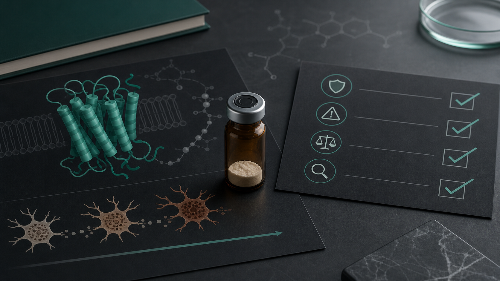 An unlabeled amber vial, pigment-cell visuals, and evidence-risk diagrams on a dark scientific desk.