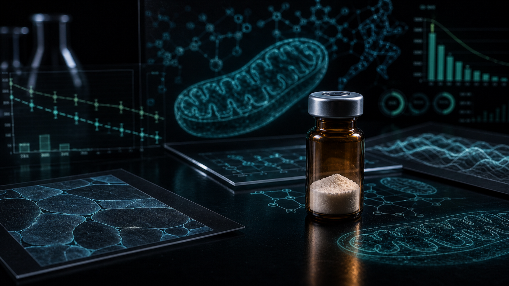 A dark scientific desk with an unlabeled vial, mitochondrial visuals, muscle-fiber panels, and metabolic chart overlays.