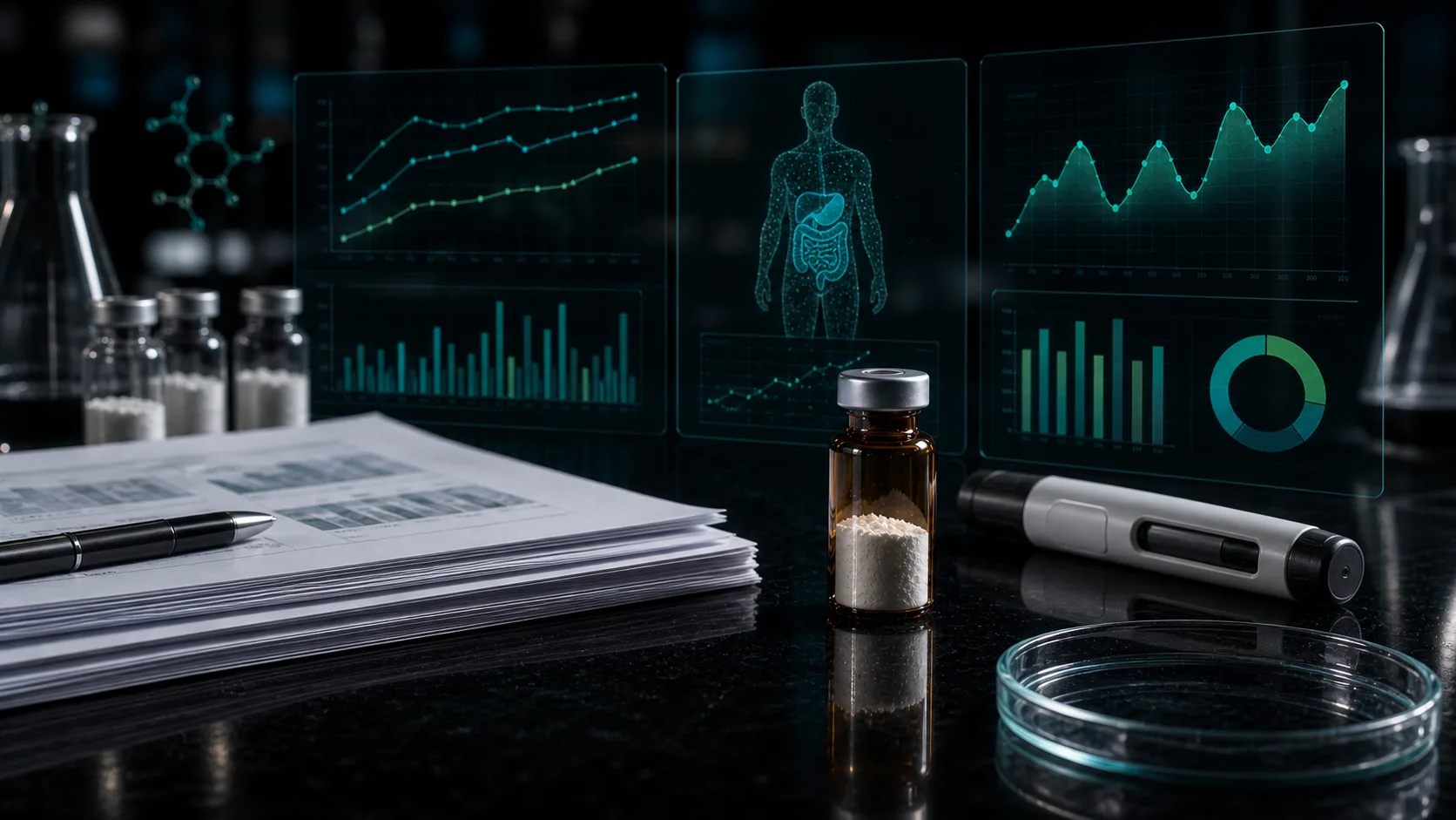 A dark scientific desk with unlabeled peptide vials, neuroendocrine tumor dashboards, clinical papers, and teal molecular overlays.