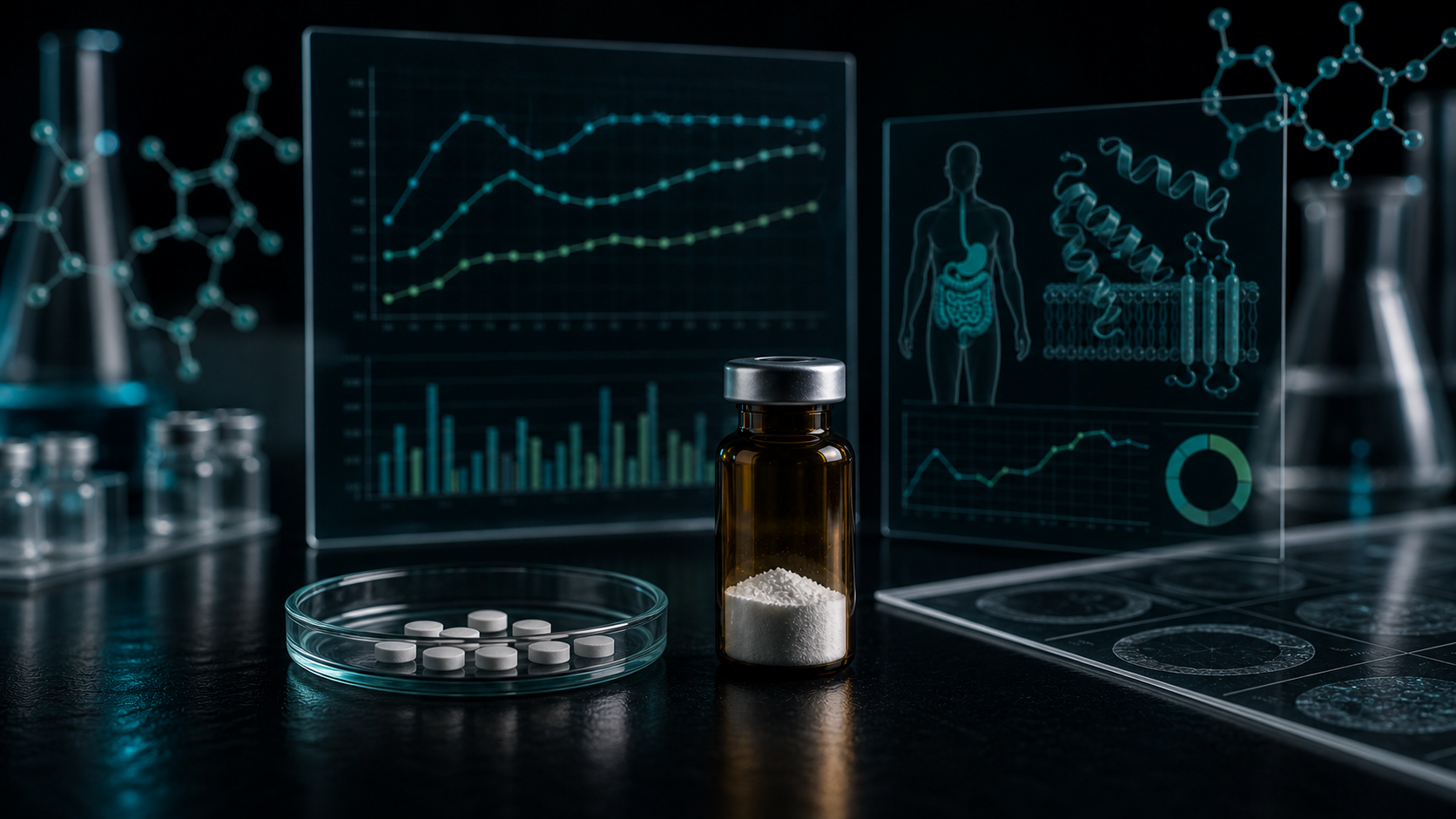 A dark scientific desk with an unlabeled peptide vial, plain tablets in a glass dish, oral absorption panels, molecular overlays, and clinical charts.