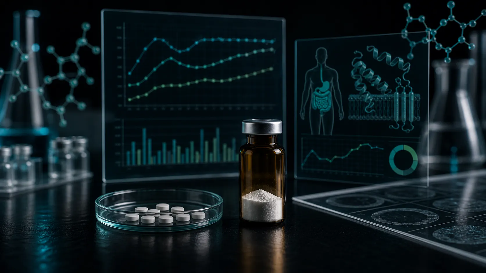 A dark scientific desk with an unlabeled peptide vial, plain tablets in a glass dish, oral absorption panels, molecular overlays, and clinical charts.
