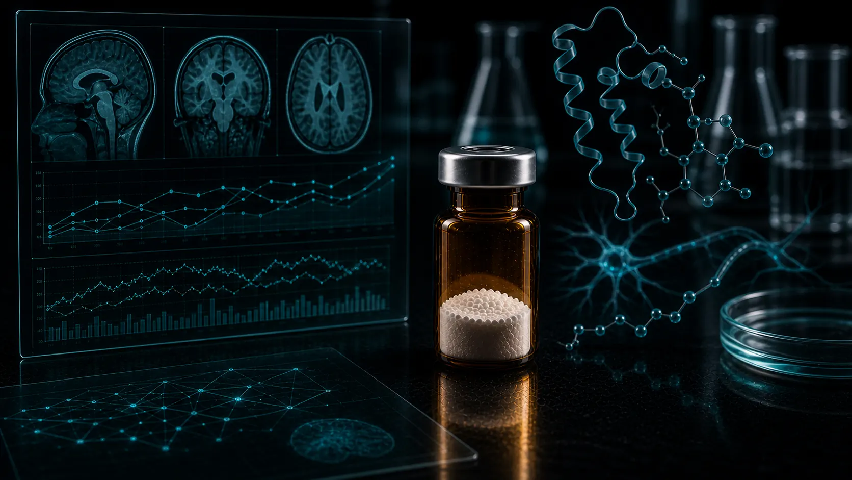 A dark scientific desk with an unlabeled peptide vial, brain-network dashboards, clinical papers, and teal molecular overlays.