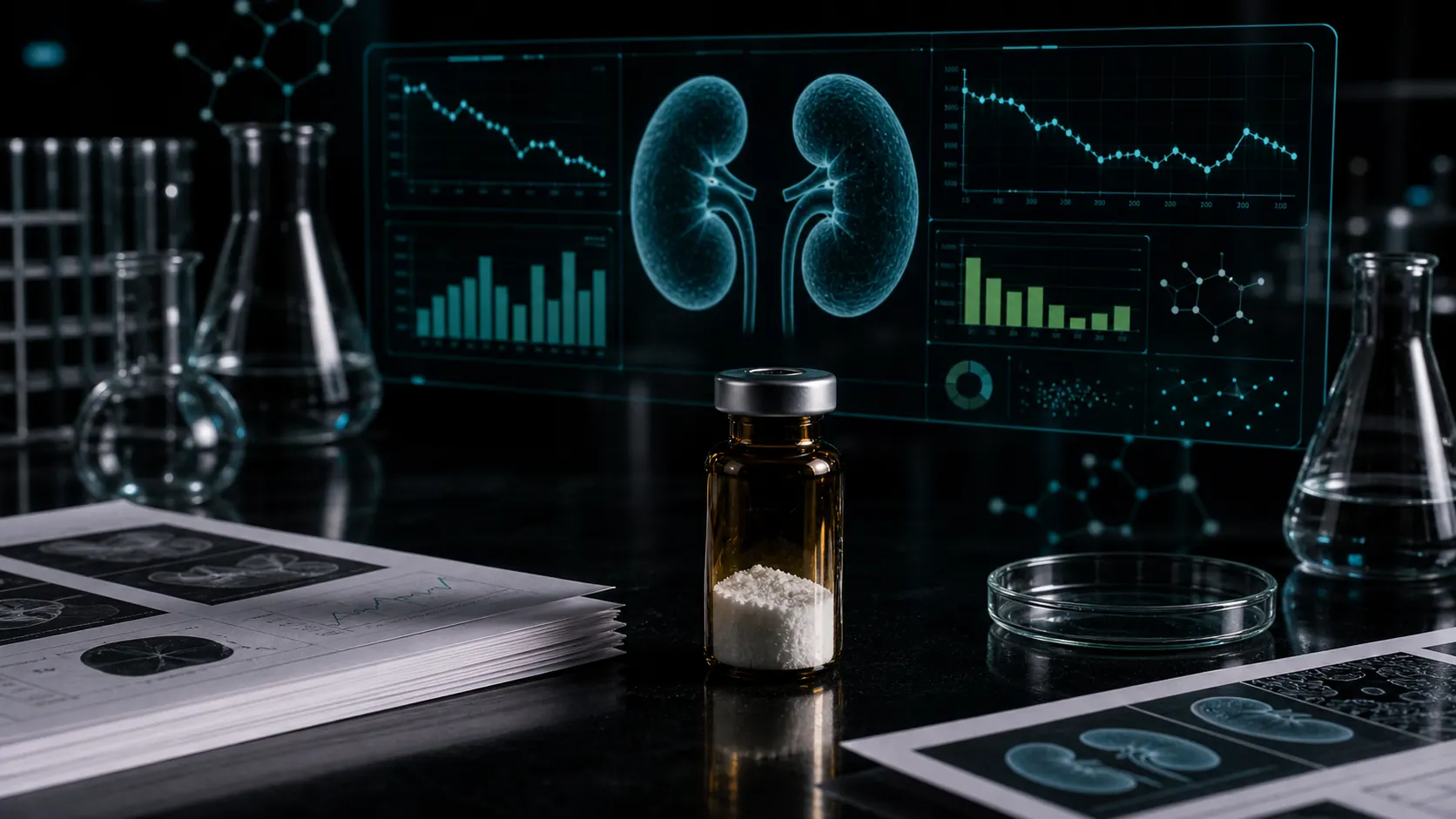 A dark scientific desk with an unlabeled peptide vial, kidney-function dashboard panels, research papers, and teal molecular overlays.