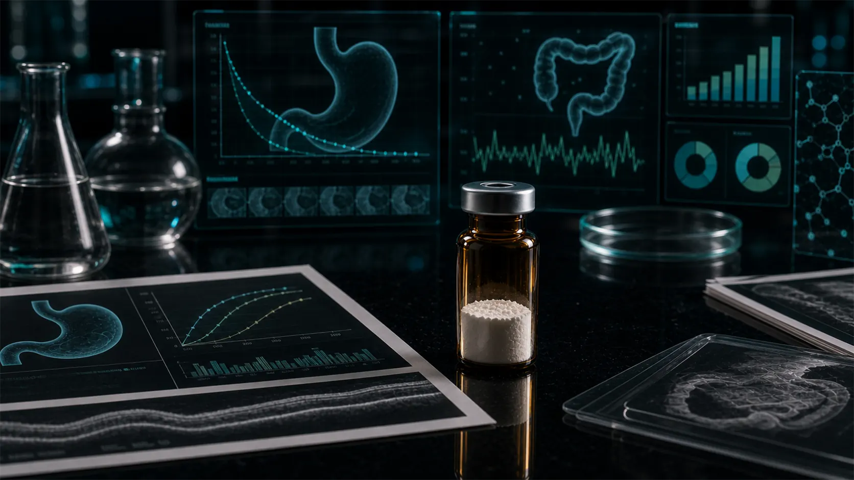 A dark scientific desk with an unlabeled peptide vial, stomach and bowel motility dashboard panels, clinical papers, and teal molecular overlays.