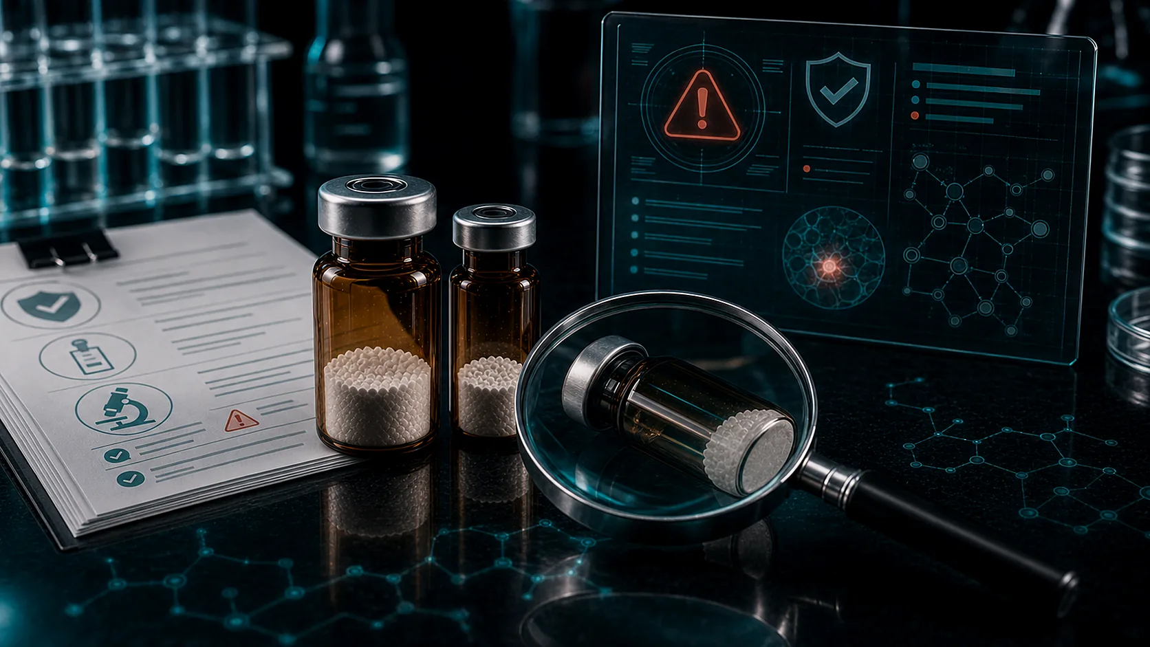 A dark scientific desk with unlabeled peptide vials, chromatogram paperwork, lab testing dashboards, and teal molecular overlays.