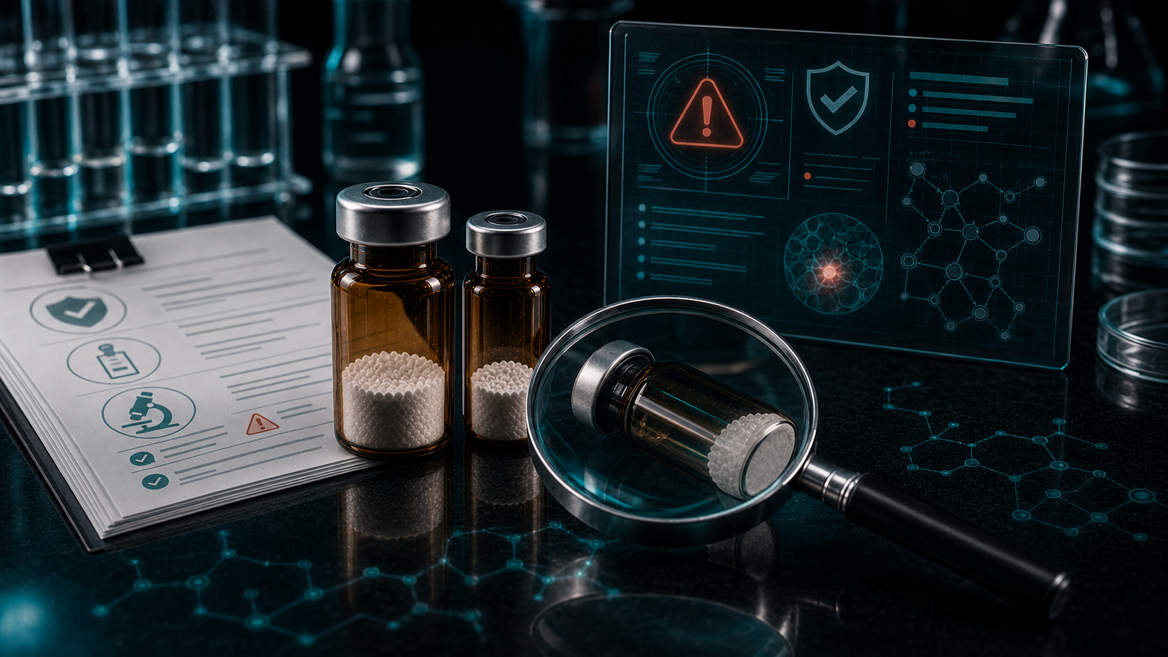 A dark scientific desk with unlabeled peptide vials, a magnifying glass, safety dashboard visuals, and quality-control papers.