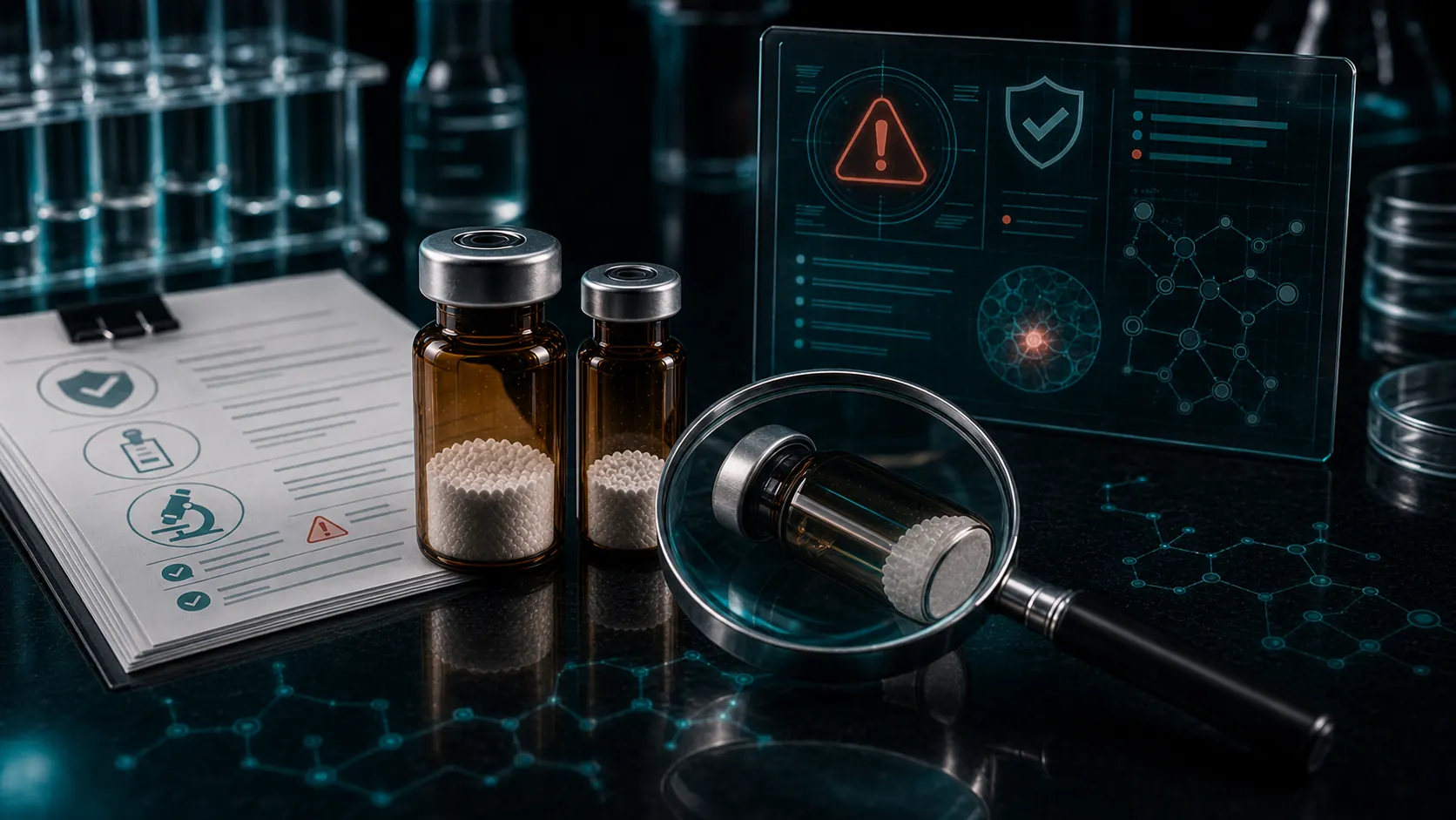 A dark scientific desk with unlabeled peptide vials, a magnifying glass, safety dashboard visuals, and quality-control papers.