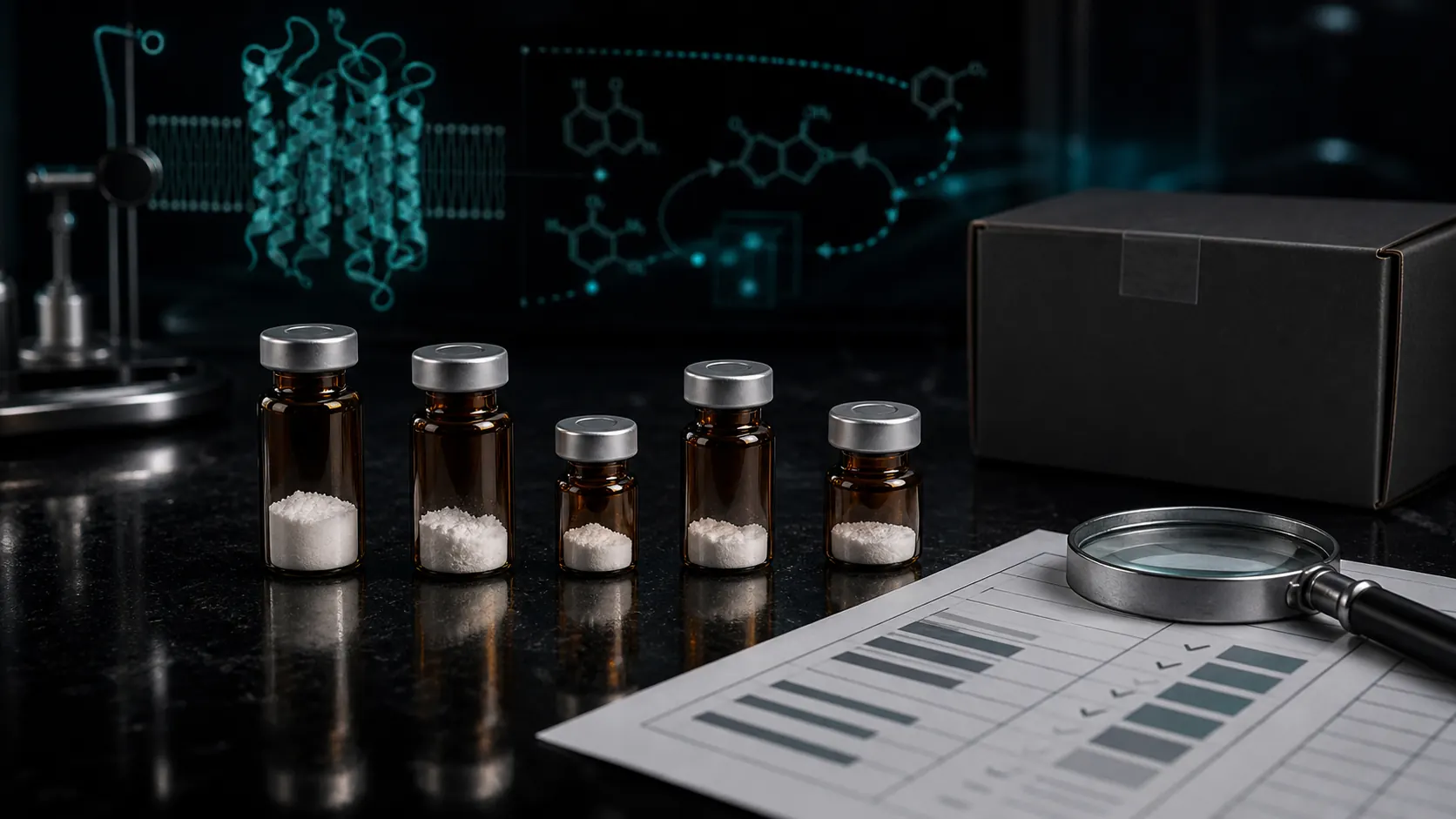 A lineup of unlabeled metabolic research vials beside an evidence ranking sheet and molecular models on a dark laboratory desk.