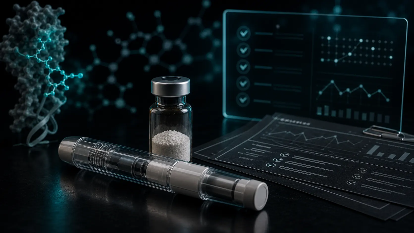 A dark scientific editorial scene with an autoinjector silhouette, MC4R receptor diagrams, and restrained clinical evidence charts.