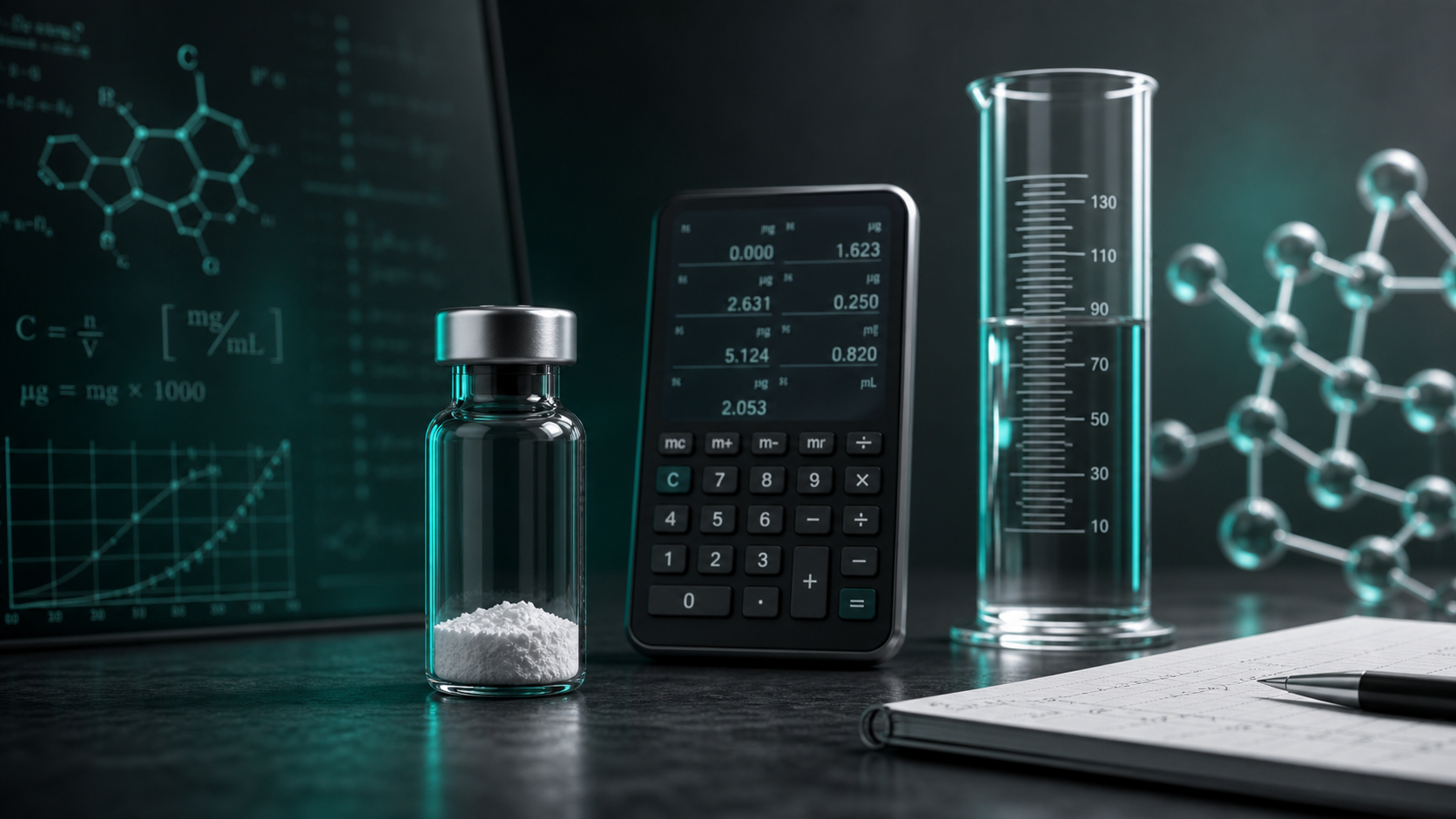A vial, calculator, measurement glassware, and abstract concentration math visuals.