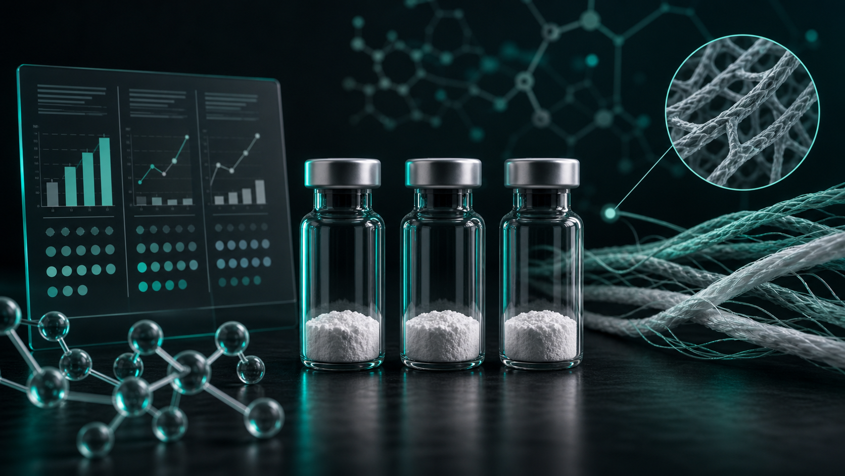Three unlabeled peptide vials with abstract tissue-fiber and evidence-chart visuals.
