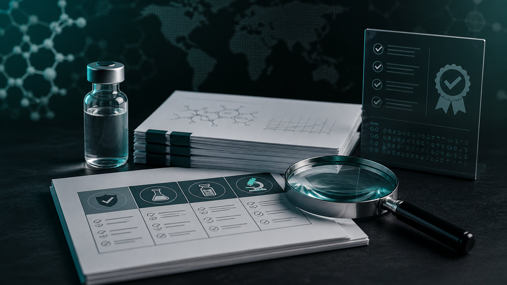 Research documents, a vial, and compliance-style checklist visuals on a dark scientific desk.