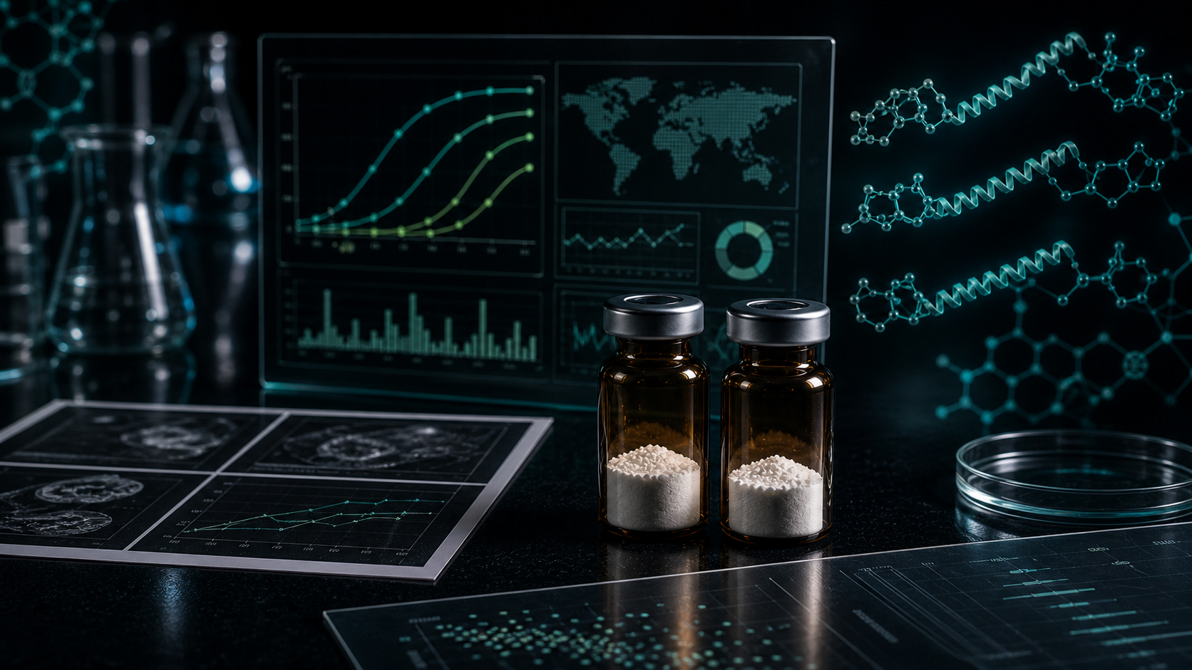 A dark scientific desk with two unlabeled peptide vials, triple-receptor molecular overlays, trial dashboards, and safety-review charts.