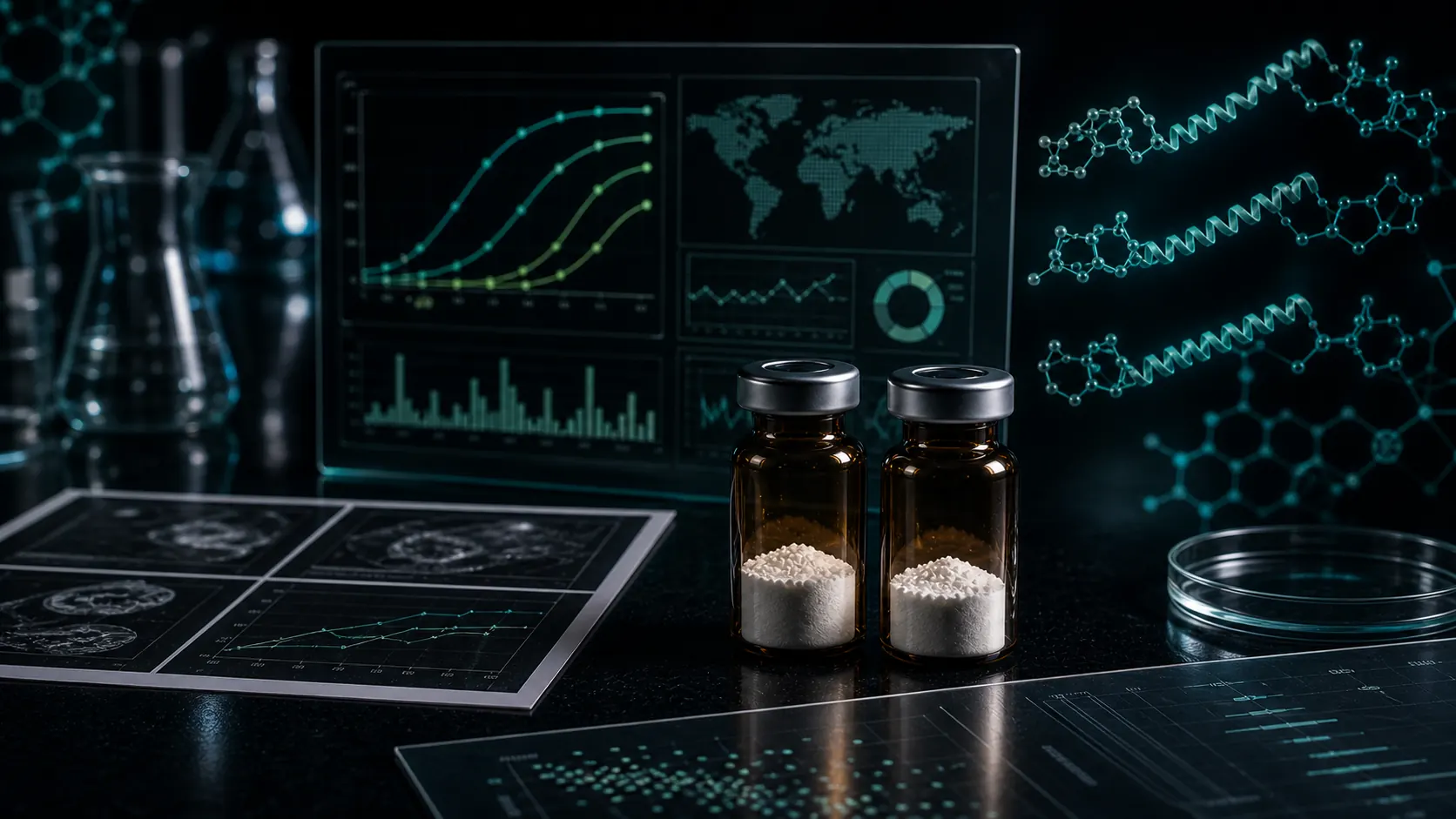 A dark scientific desk with two unlabeled peptide vials, triple-receptor molecular overlays, safety-signal dashboards, and adverse-event charts.