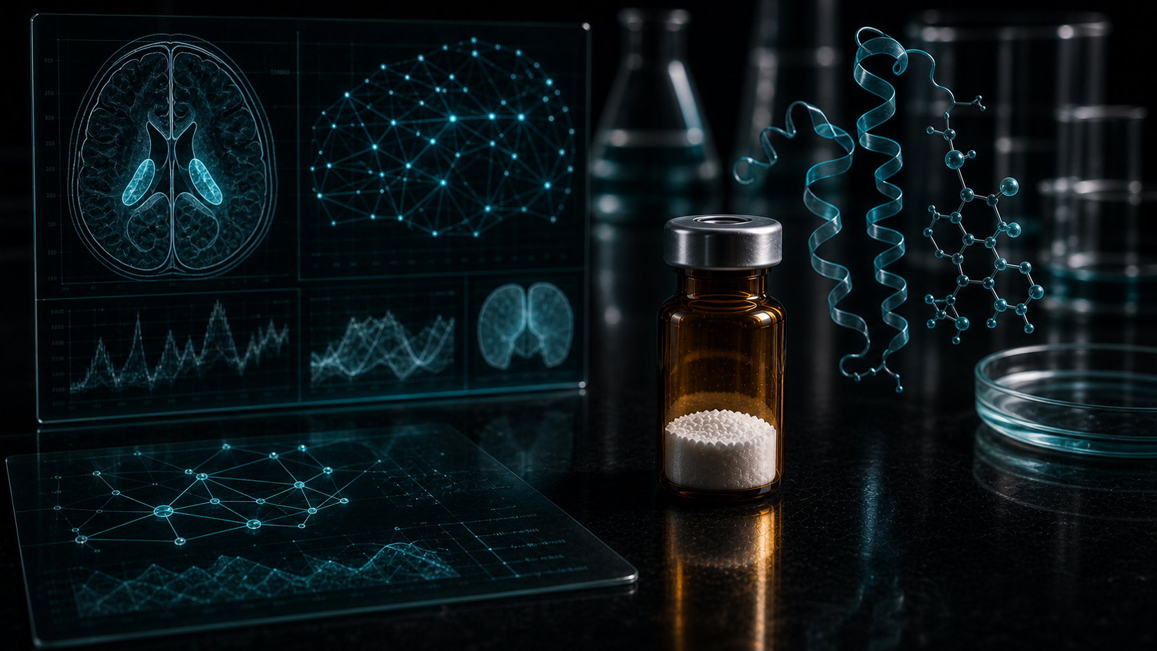 A dark scientific desk with an unlabeled peptide vial, neural connectivity panels, brain-scan visuals, and molecular overlays.