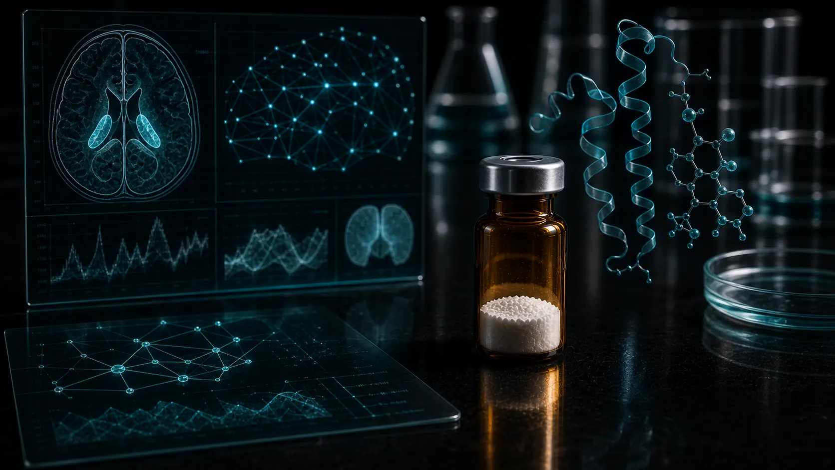 A dark scientific desk with two unlabeled peptide vials, brain connectivity panels, neurotrophin pathway overlays, and molecular visuals.